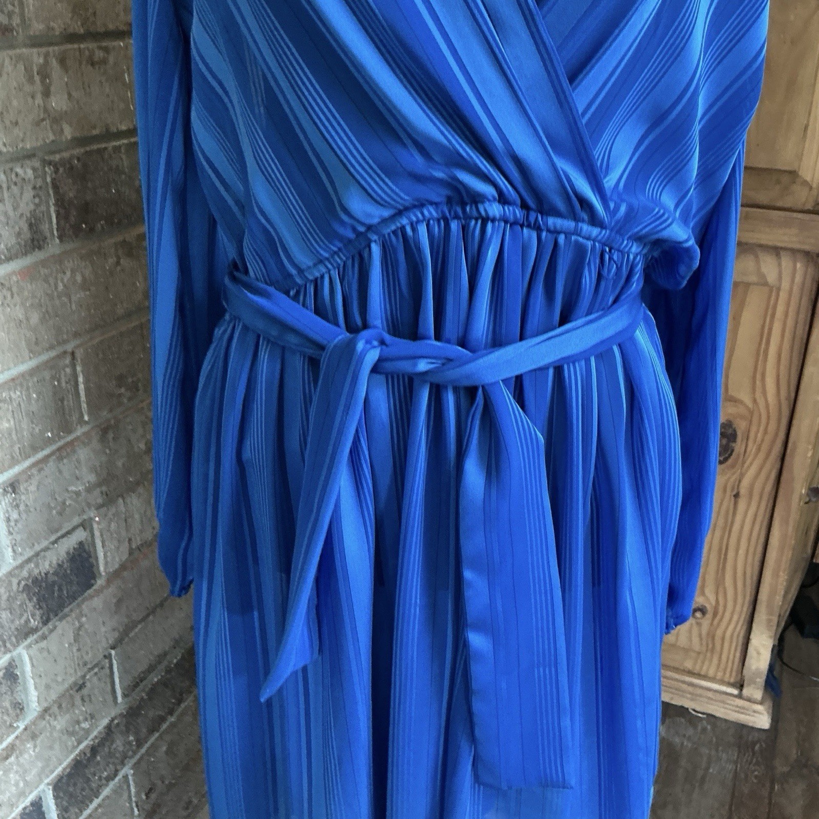 70s VTG Marinette Royal Blue Stripe Wrap Dress Belt 100% Polyester Size 12 #18D7