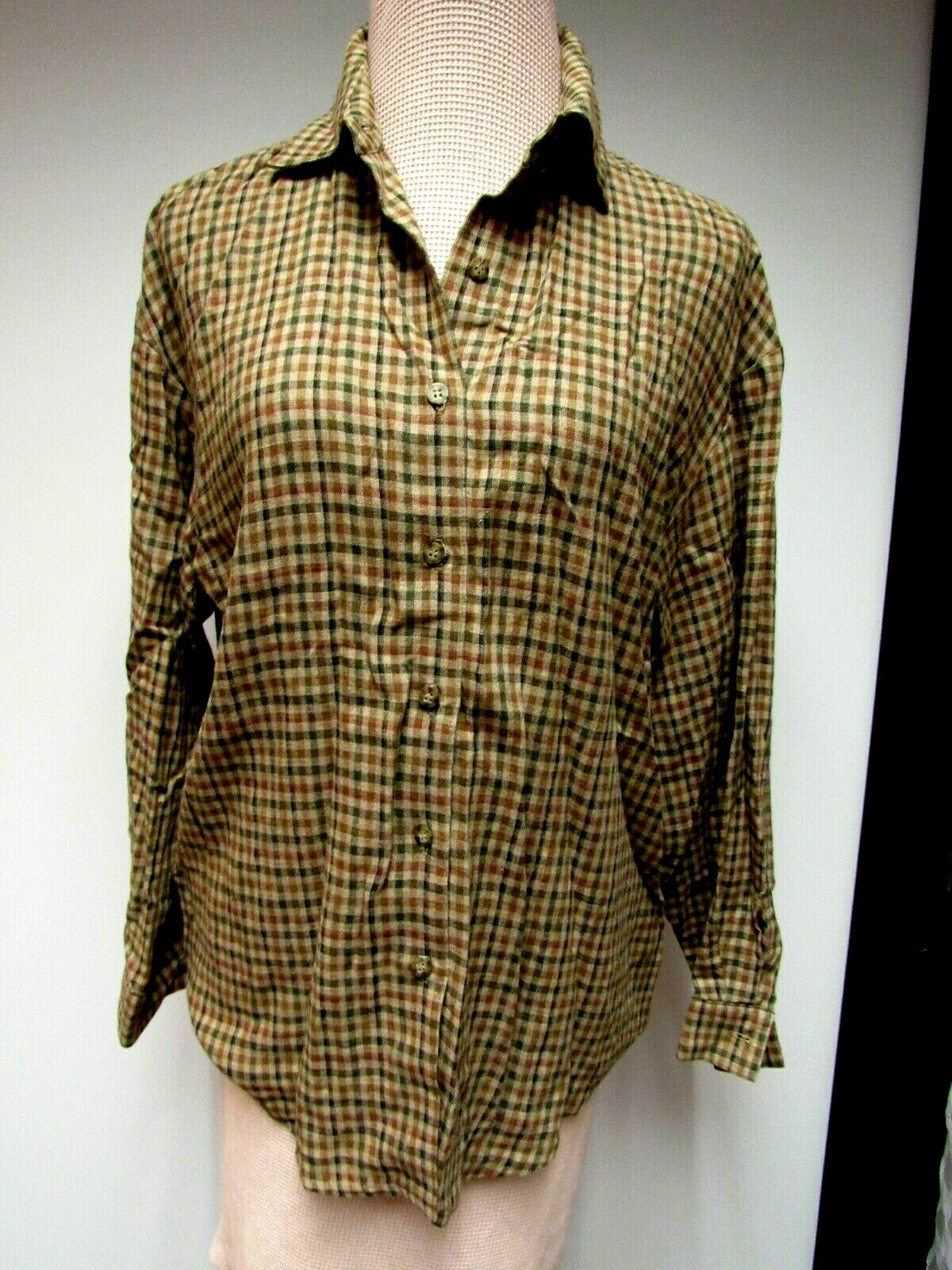 VTG SHARON YOUNG Linen Blend Top Check Red Black Gray Taupe Gold Brown 6 M EUC