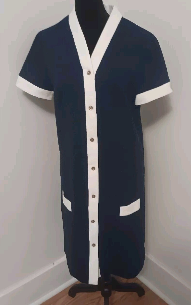 1960s Navy Blue Knit Shirt Dress Ribbed Waitress Stewardess Pockets Size 16 VTG