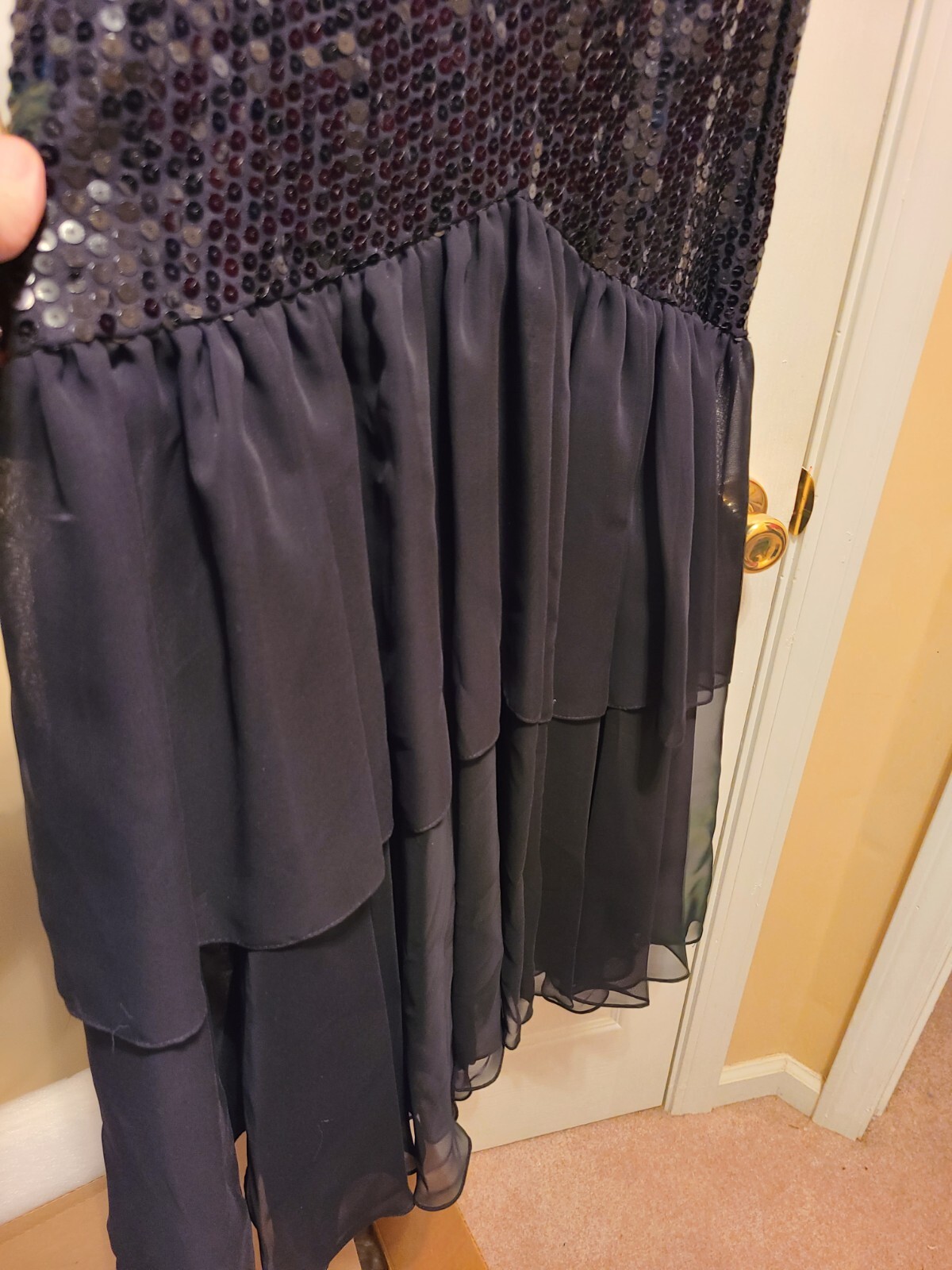 Sequined Evening Cocktail Dress Black With Chiffon Tier Skirt ILGWU USA Vintage