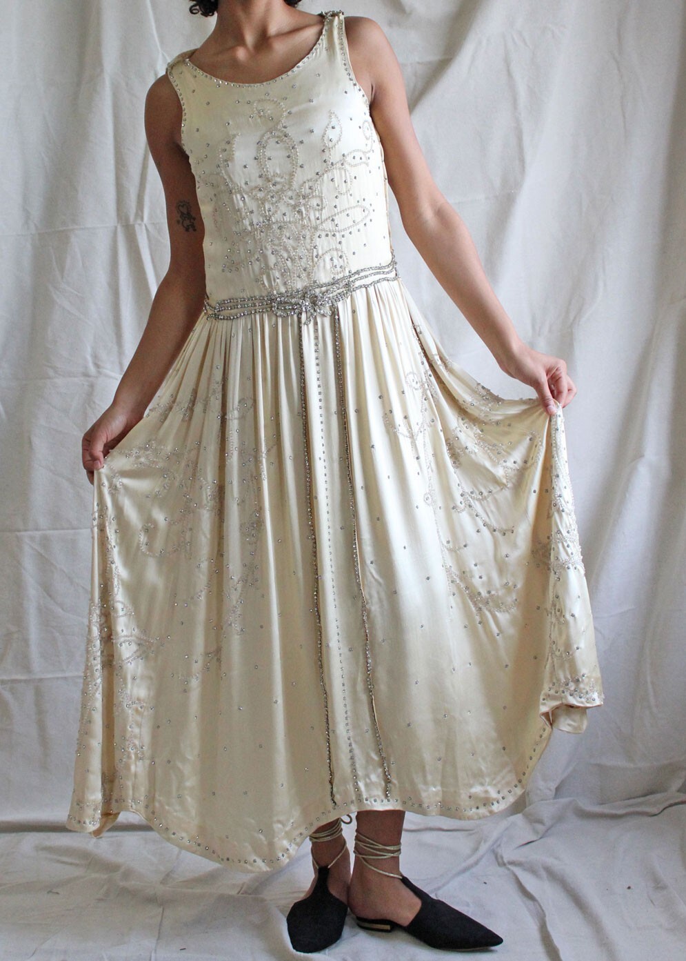 1920s Couture beaded embellished rhinestone silk bridal wedding dress antique