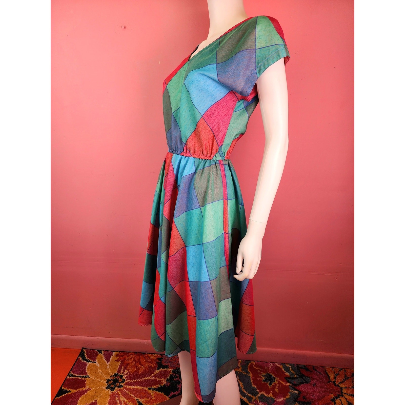Vintage 1970’s Madras Harlequin Diamond Check Plaid Magenta Blue Shirt Dress