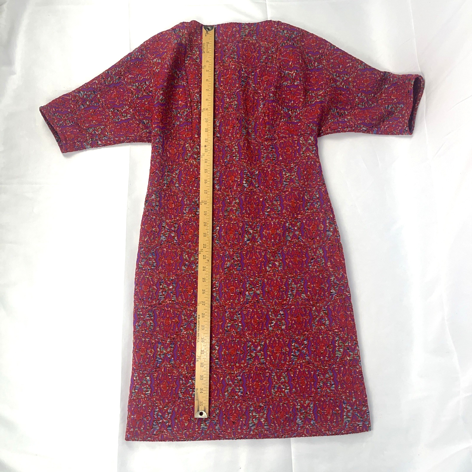 VTG 1960s Mod Dress Handmade Red Purple Abstract Retro Short Sleeve Midi Length