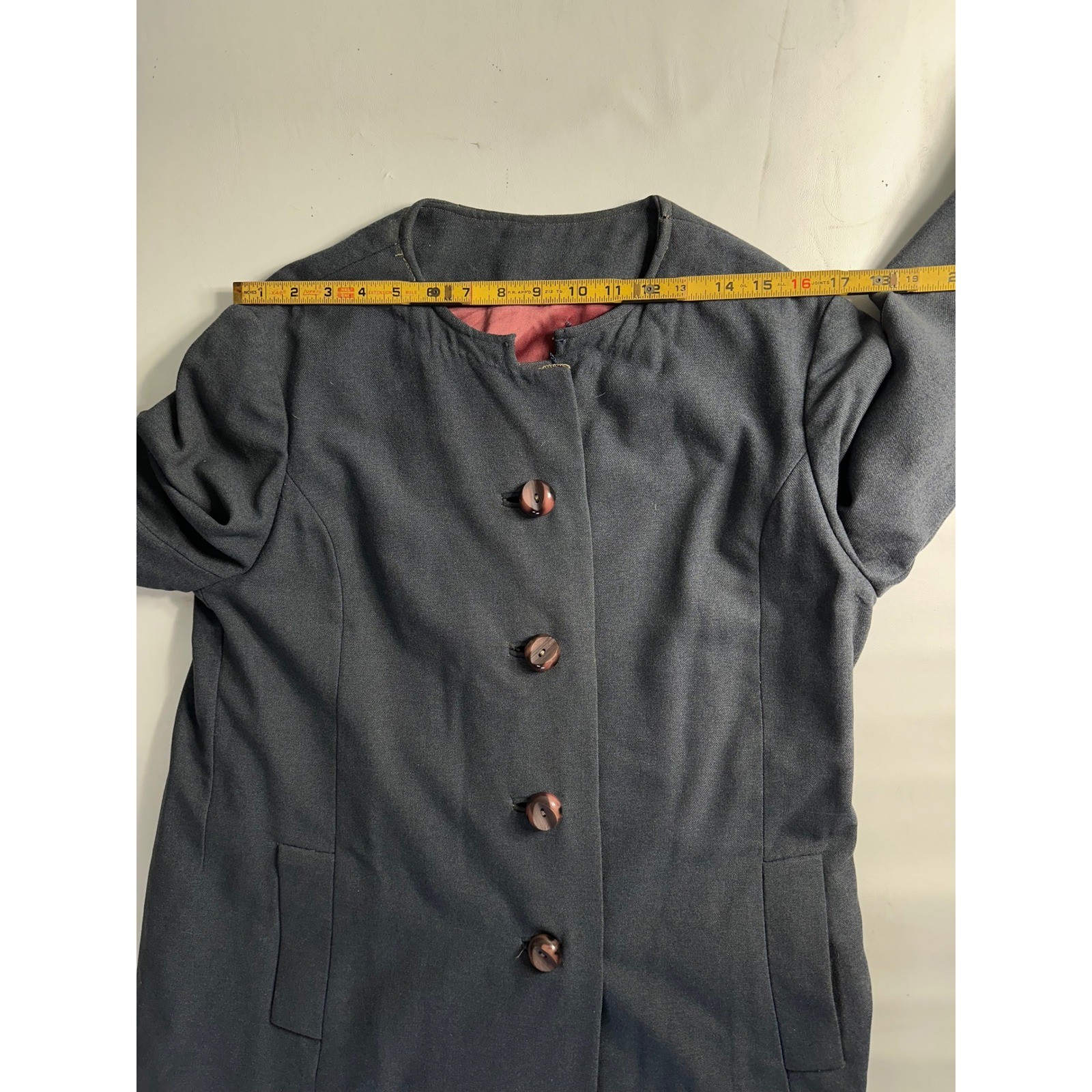 Vintage Shagmoor 60s Mod Charcoal Gray Wool Collarless Long Coat Pink Lining
