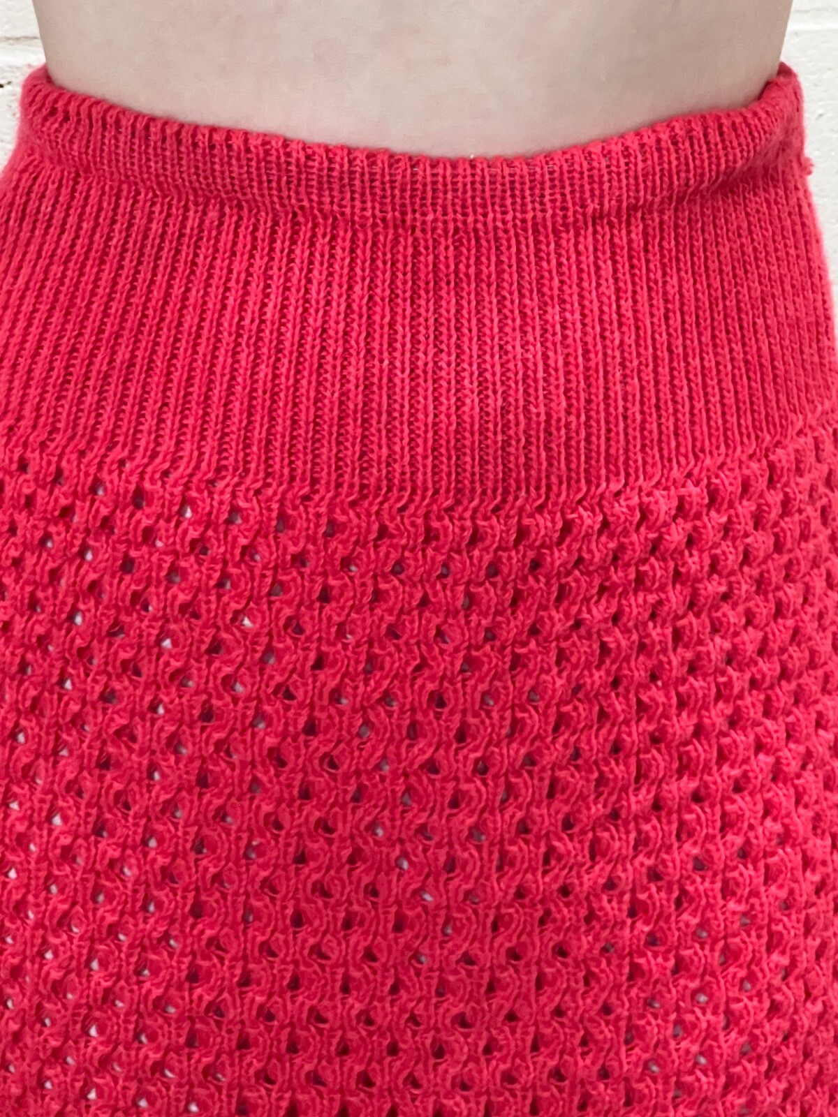 XS~ S Vtg 60s Coral 2 Pc Dress Set Open Knit Sears Acrylic Sweater Skirt Outfit