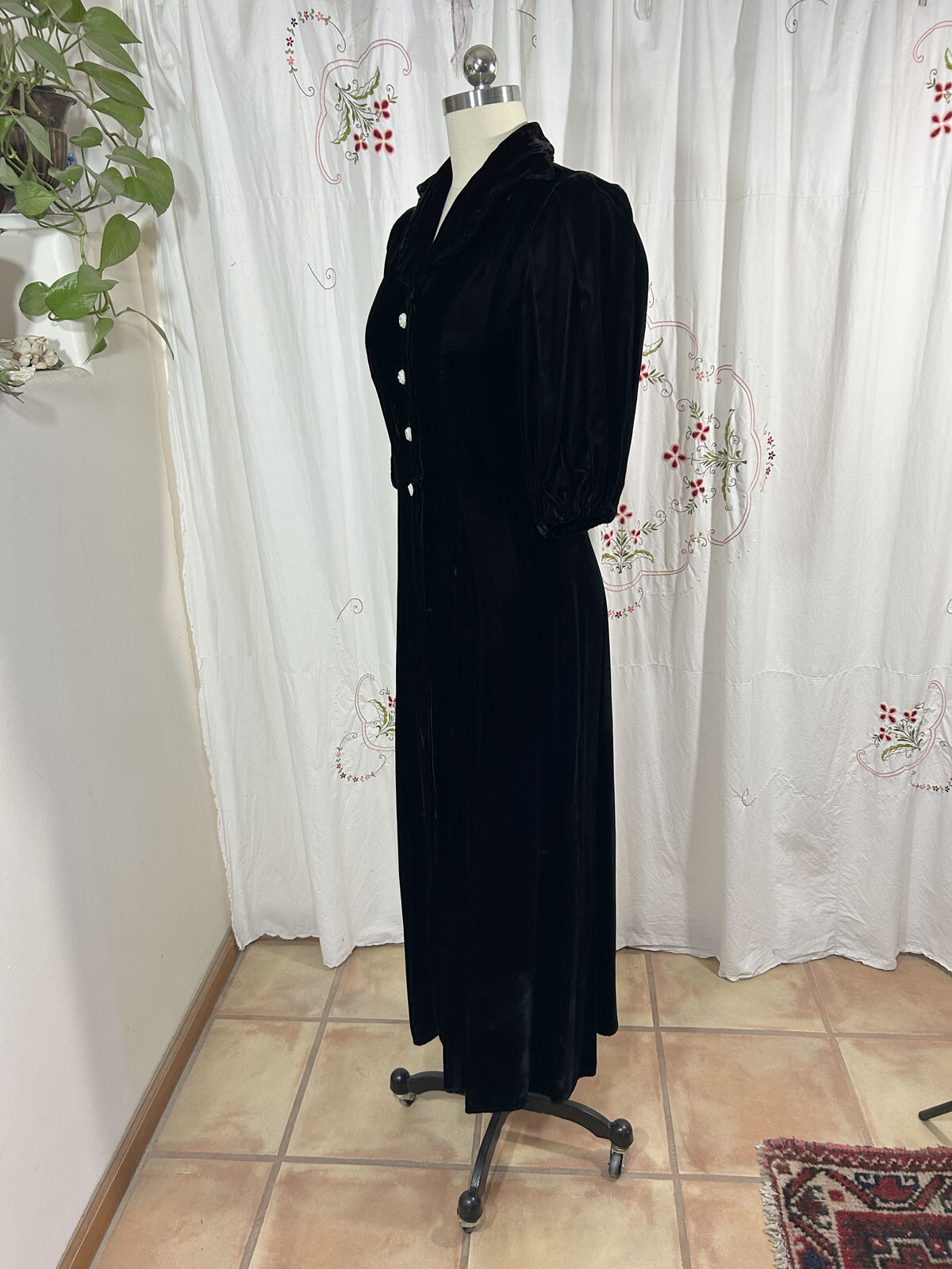 Vtg 30s Black Silk Velvet Long Dress Rhinestone Buttons Evening Hollywood sz 8/S