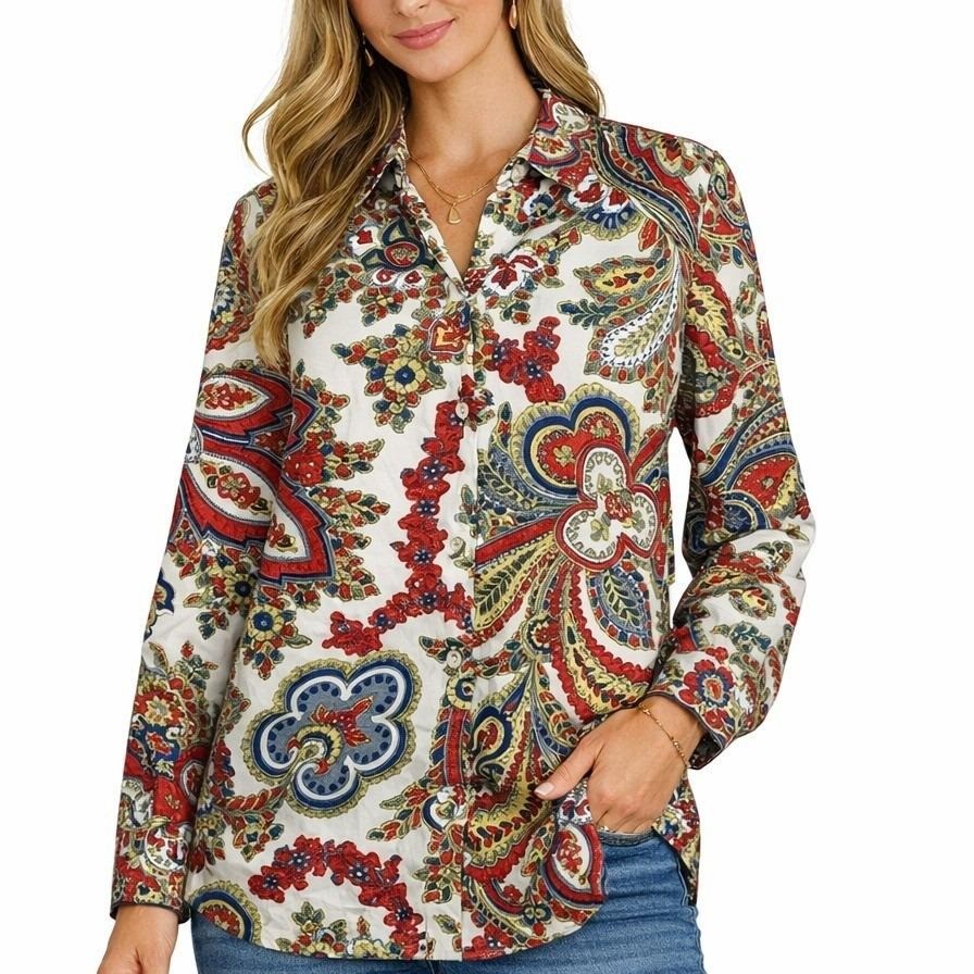 Vintage Gammon Paisley Button Down Blouse Red Blue Yellow Size 12 Long Sleeve