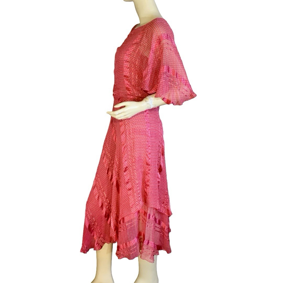 WOMEN’S VINTAGE 1970’S RED, PURPLE & GOLD SILK FARM SILK DRESS SZ S