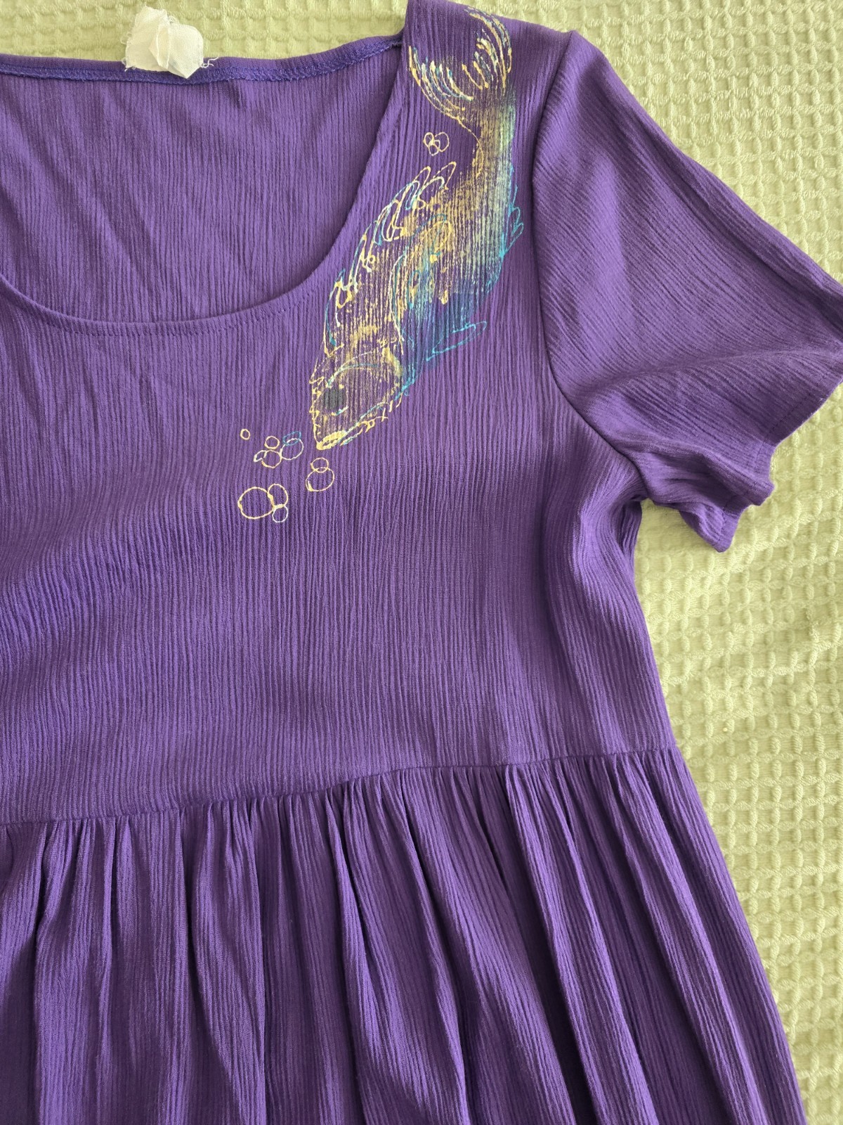 Vintage 80s 90s Purple Rayon Dress Hand Painted Fish Womens Large XL Whimsical
