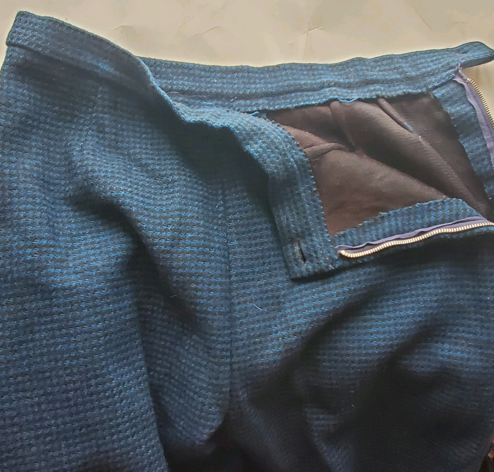 Vintage 50s Black Blue Wool Hounds Tooth Check Pant Suit B44 Waist 30 ***