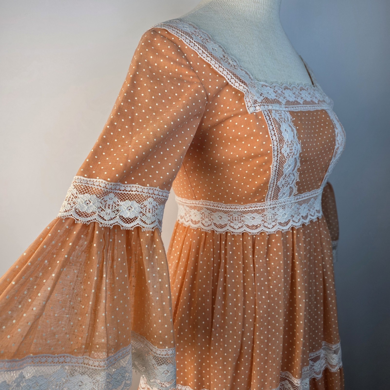 Nadine VTG 1970s Peach Polka Dot Lace Maxi Dress 7 Bell Sleeve Empire Waist