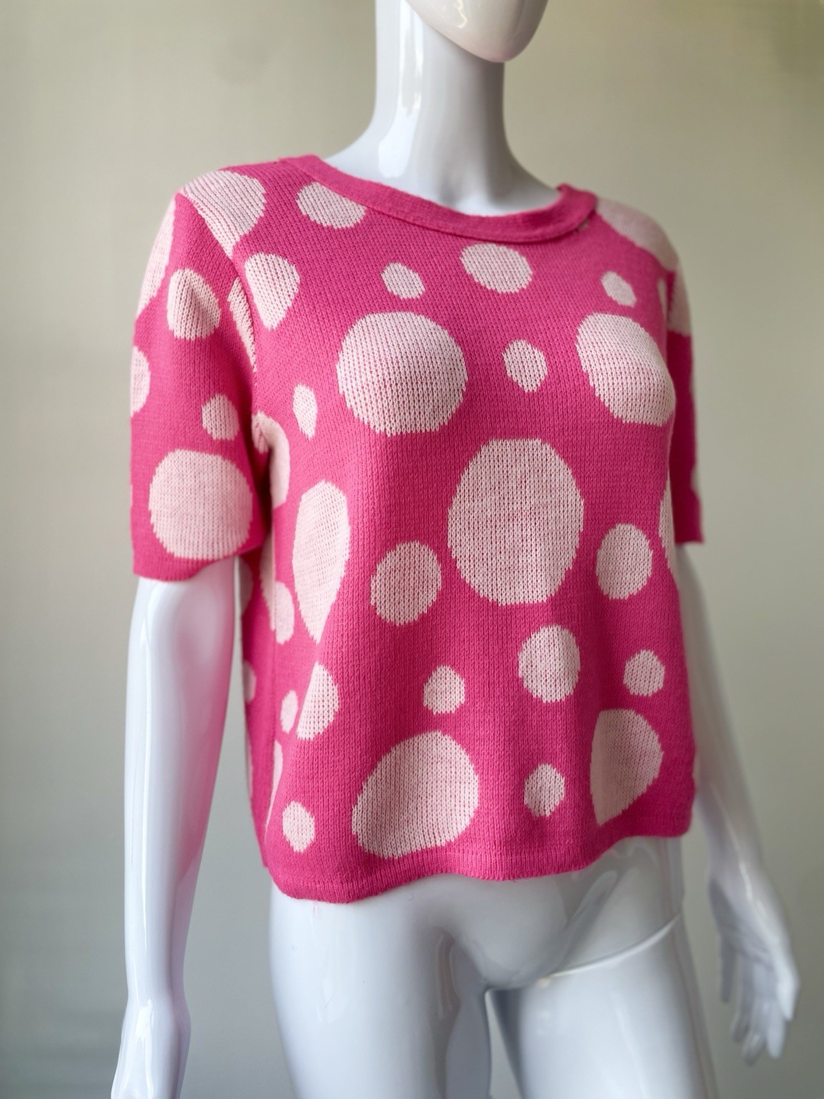 Vintage M L Sweater Top 60s Pop Art Cropped Hot Pink Polka Dot Bubbles VGUC