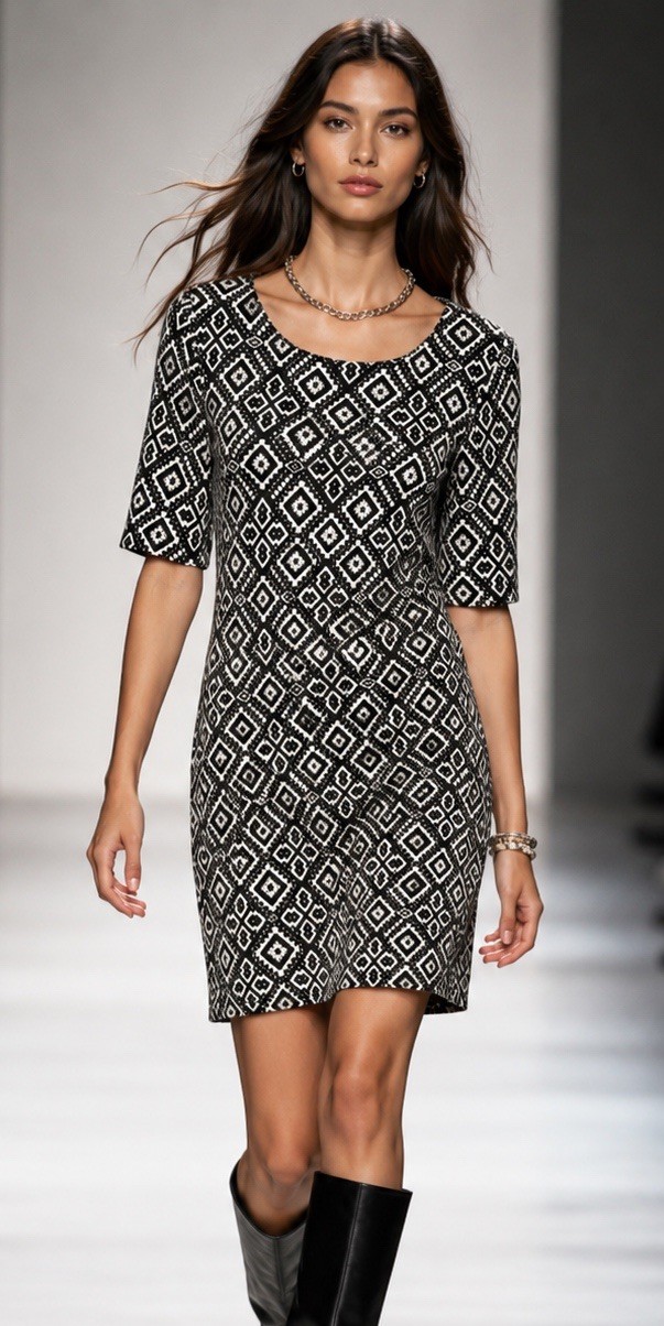 Vintage Dress Black and White Monochrome Geo Print Stretch Jersey Retro Mod S