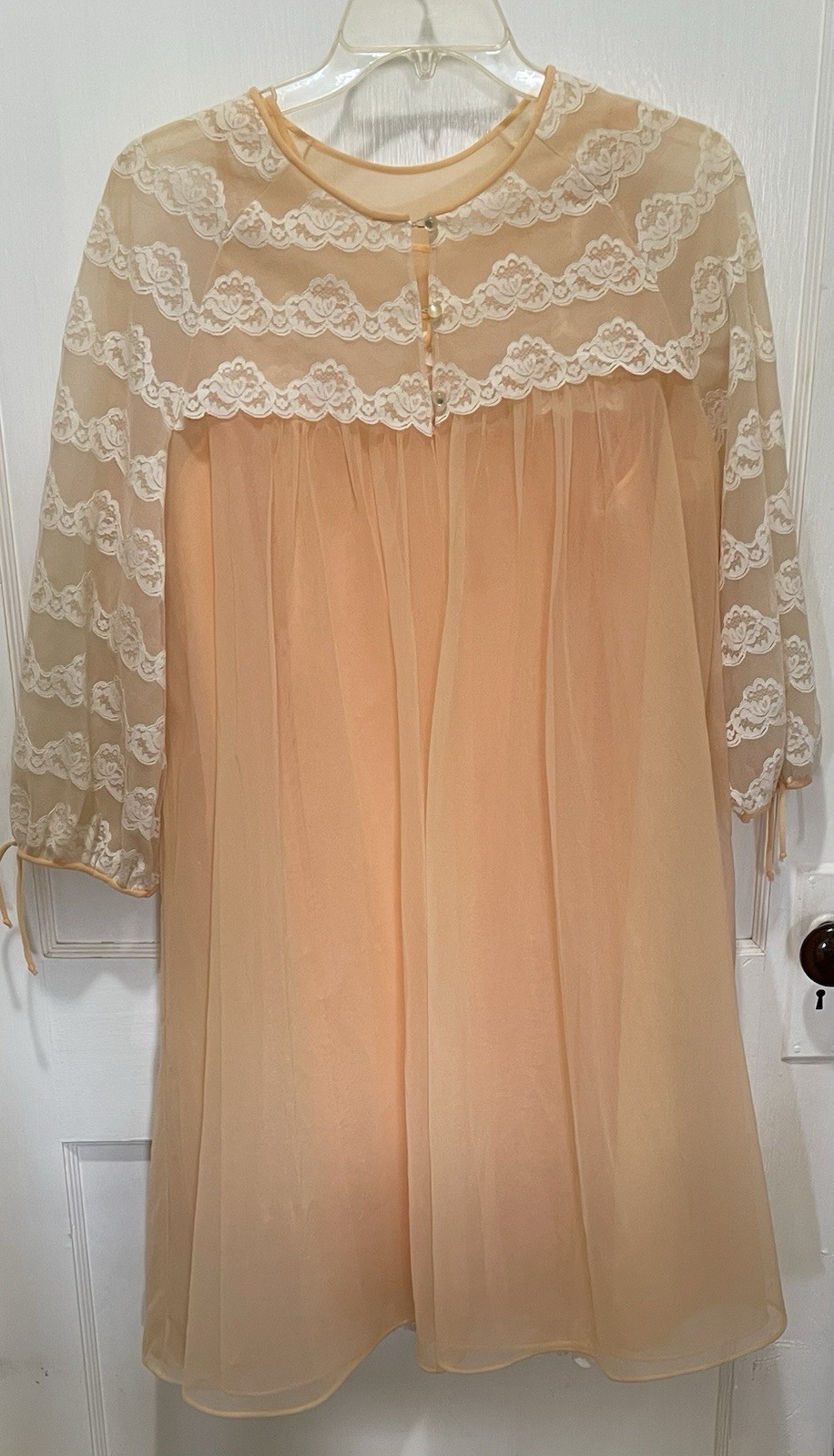 Vintage 60s San Souci Nylon Peach Chiffon Nightgown Robe Peignoir Set Size L