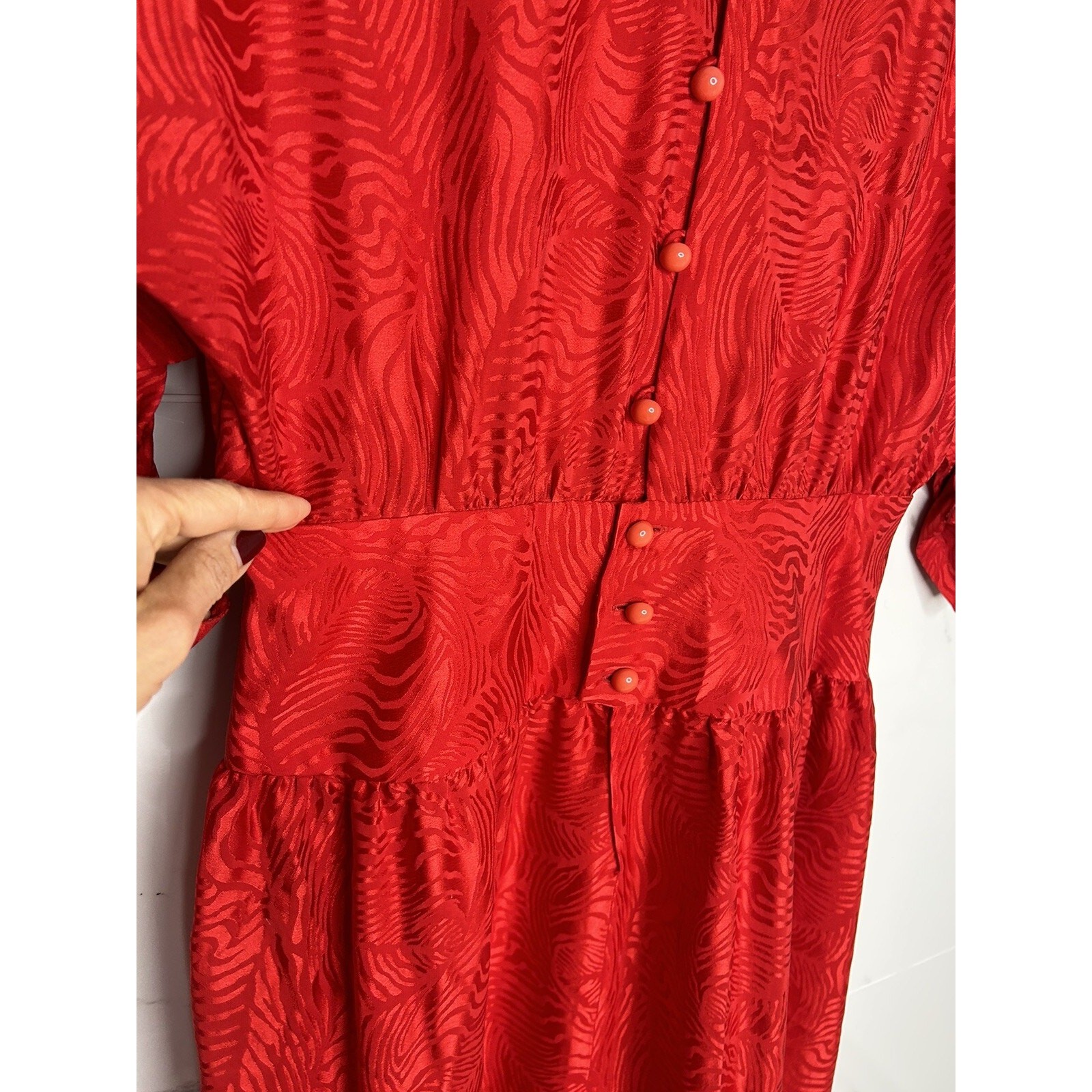 Vtg 80S SILK Jerri Sherman Midi Dress 12/L Red Jacquard Drop Waist Holidays