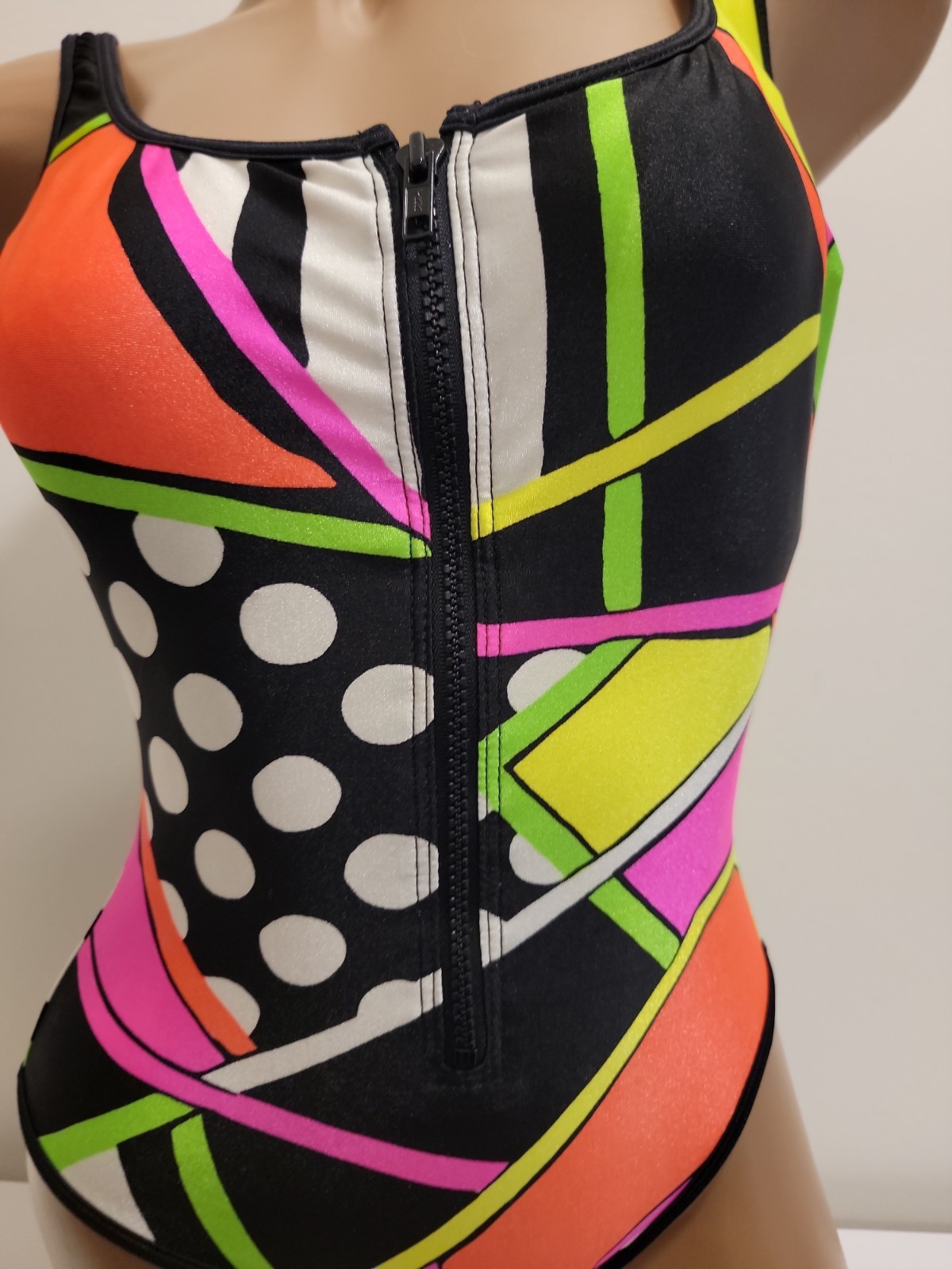 Vintage La Blanca Neon Geometric One Piece Swimsuit Size 10 Zip Front 80s 90s
