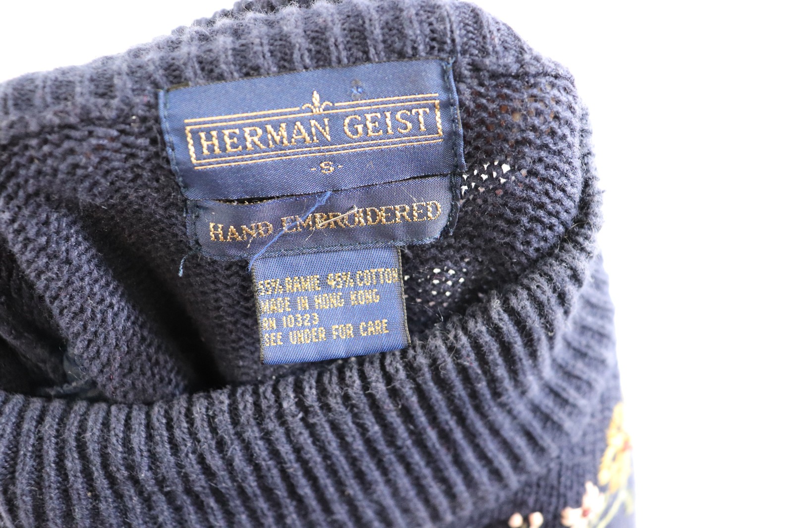 Vintage 1990s Blue Turtleneck Sweater with Hand Embroidered Flowers by Herman