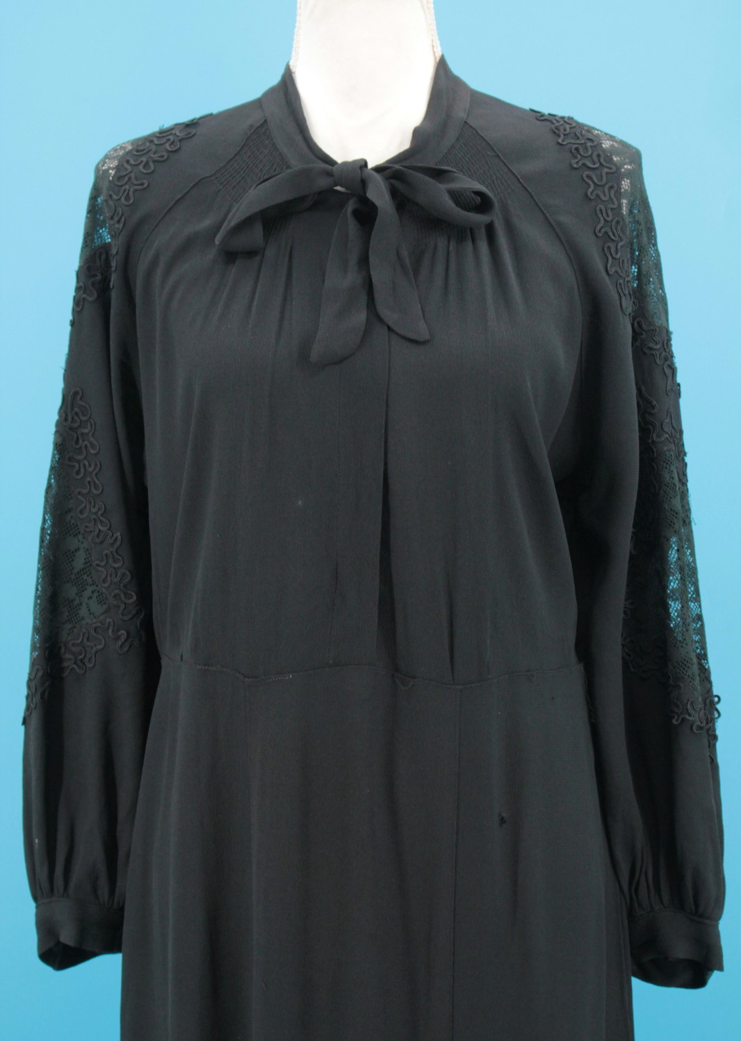 VTG Women’s 30s Black Drop Waist Dress W/ Lace Insert Sleeves Sz M/L 1930s