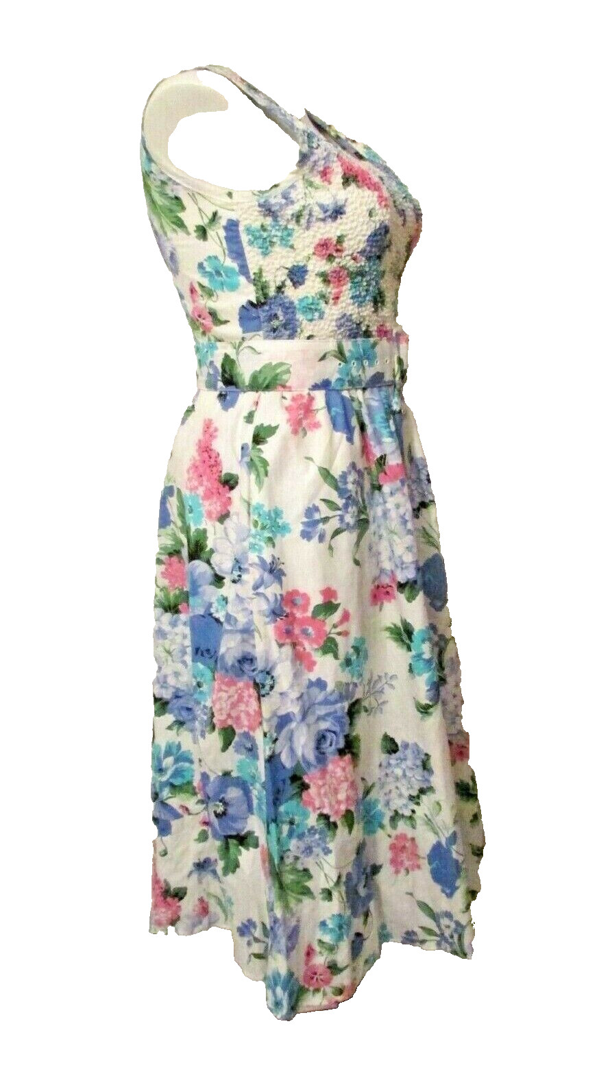 80s Jeffrey & Dara Linda Hutley Cotton Floral Smoked Bodice Dress 11/12 USA made