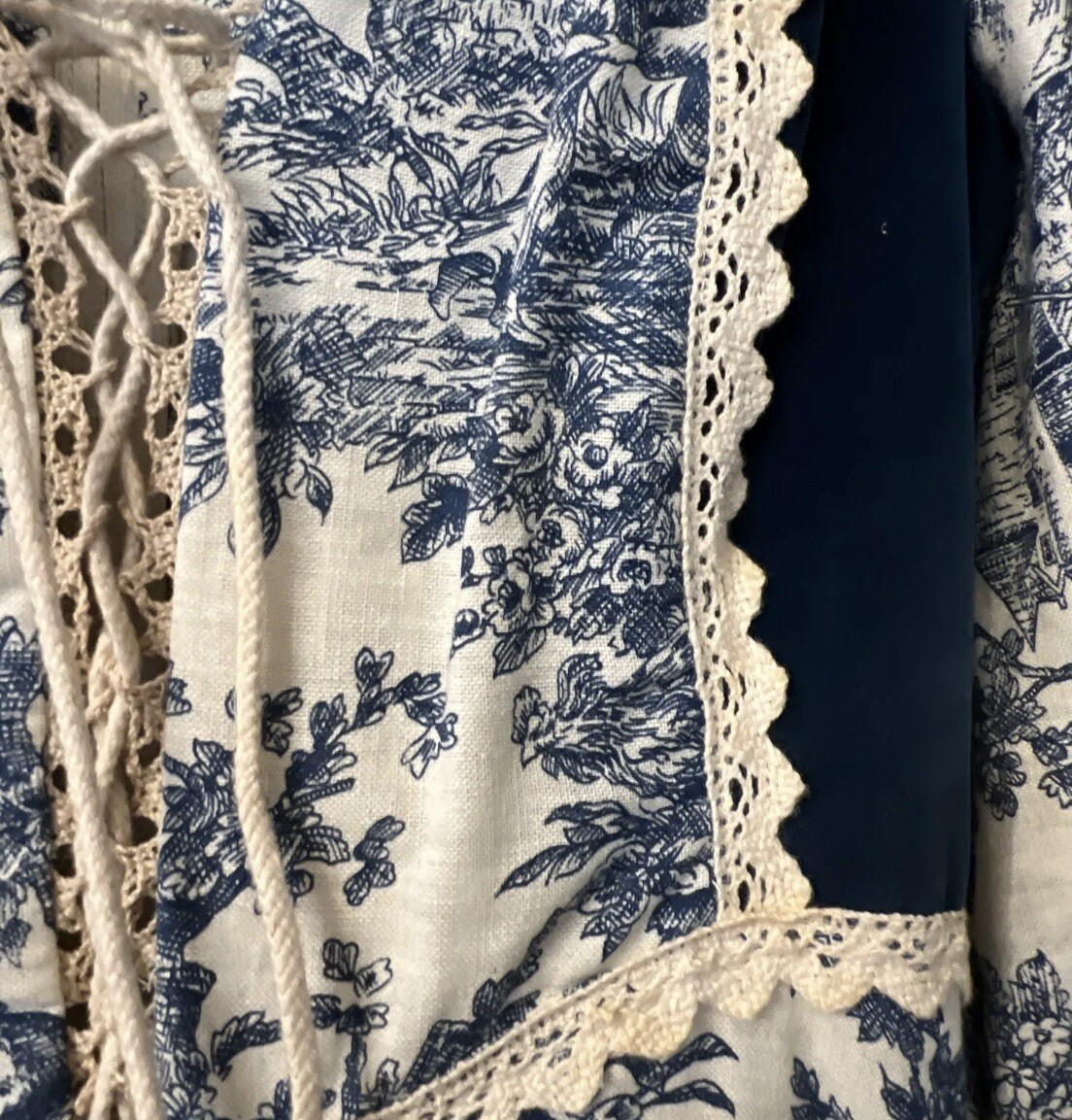 1970’ GUNNE SAX by Jessica Toile de Jouy Maxi Dress Blue Velvet Lace-up Blue 11