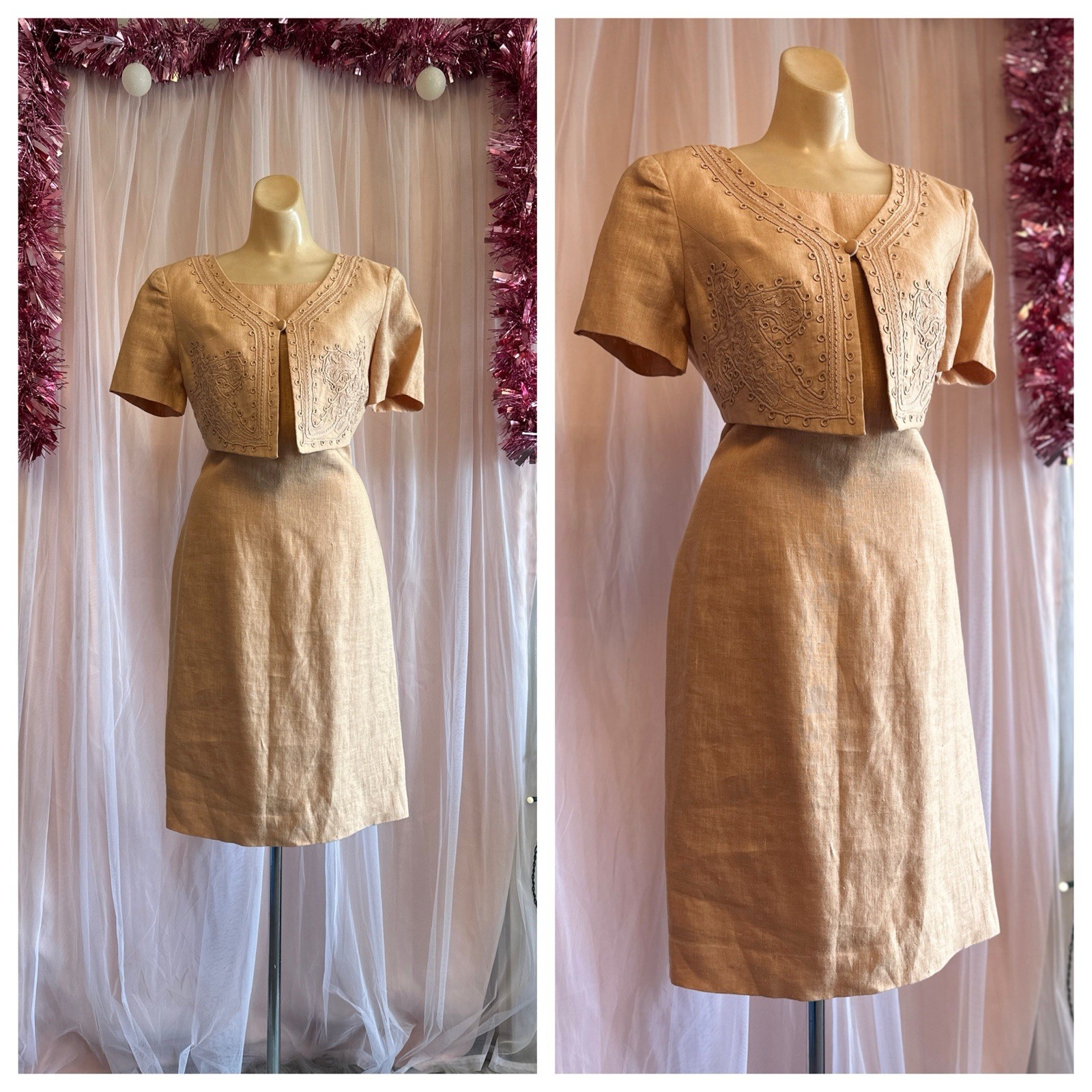 Vintage 90s Linen Mini Dress Peachy Khaki tan Embroidered Minimalist Boho S