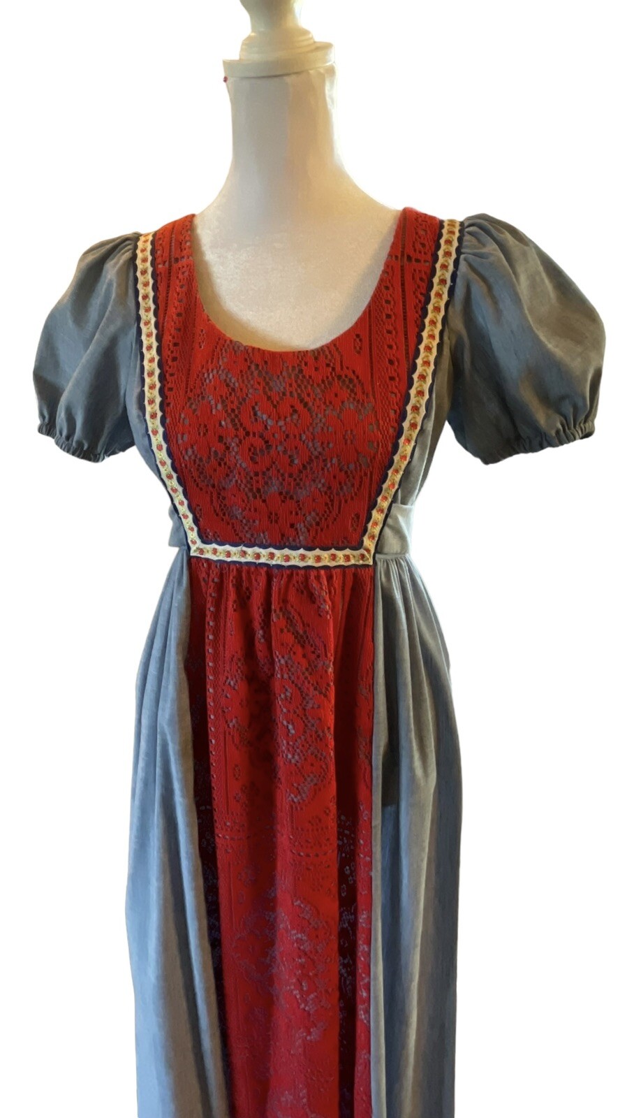 VINTAGE Joy Stevens CA boho maxi dress Blue Red Pinafore Lace Crochet Puff 3/4