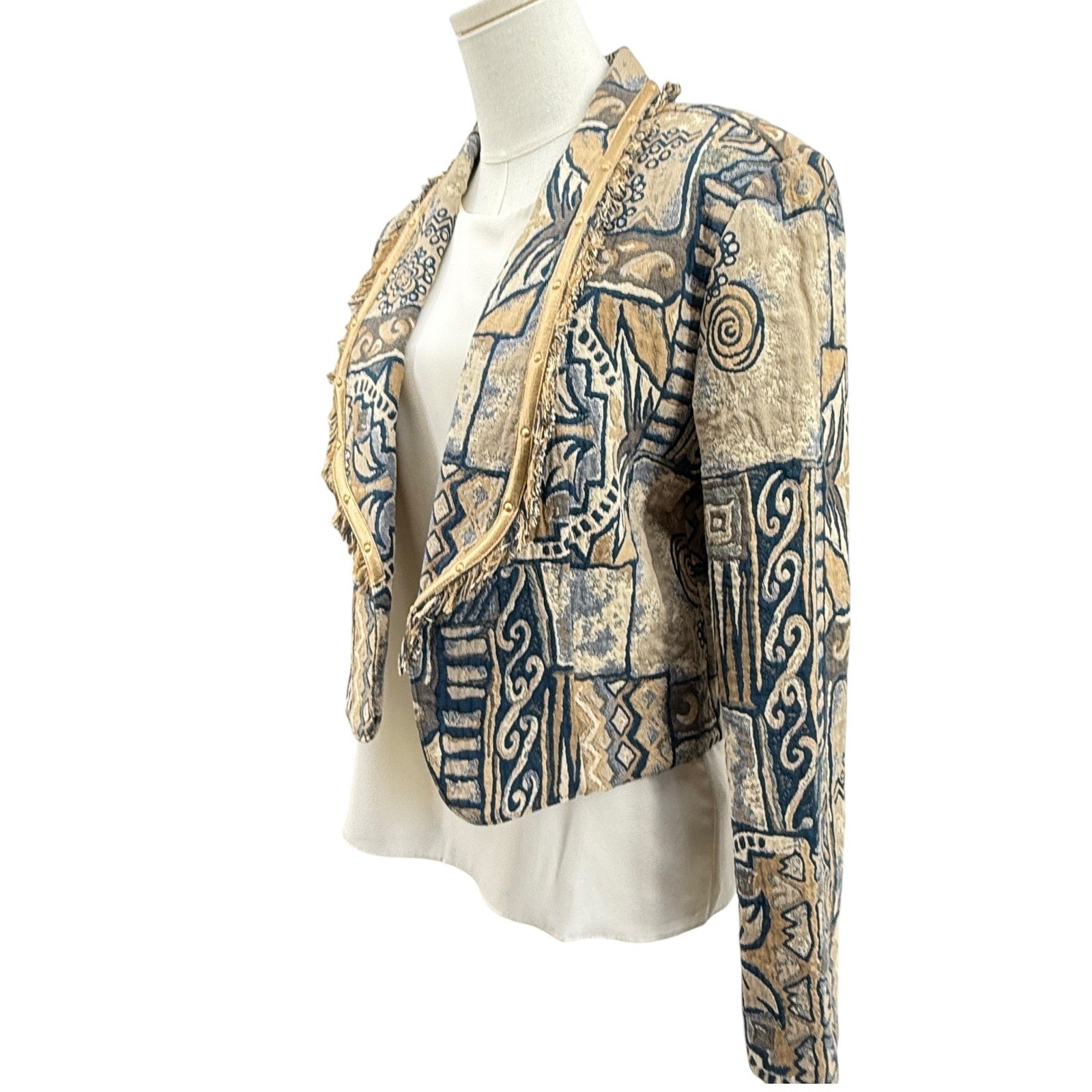 City Girl Sport Women’s Tapestry Jacket Cropped 90s Blue Tan Fringed Size 6