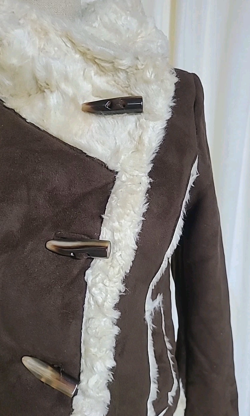 Vintage 90s Y2K Penny Lane Hooded Faux Suede Shearling Xhilaration Coat Jacket S