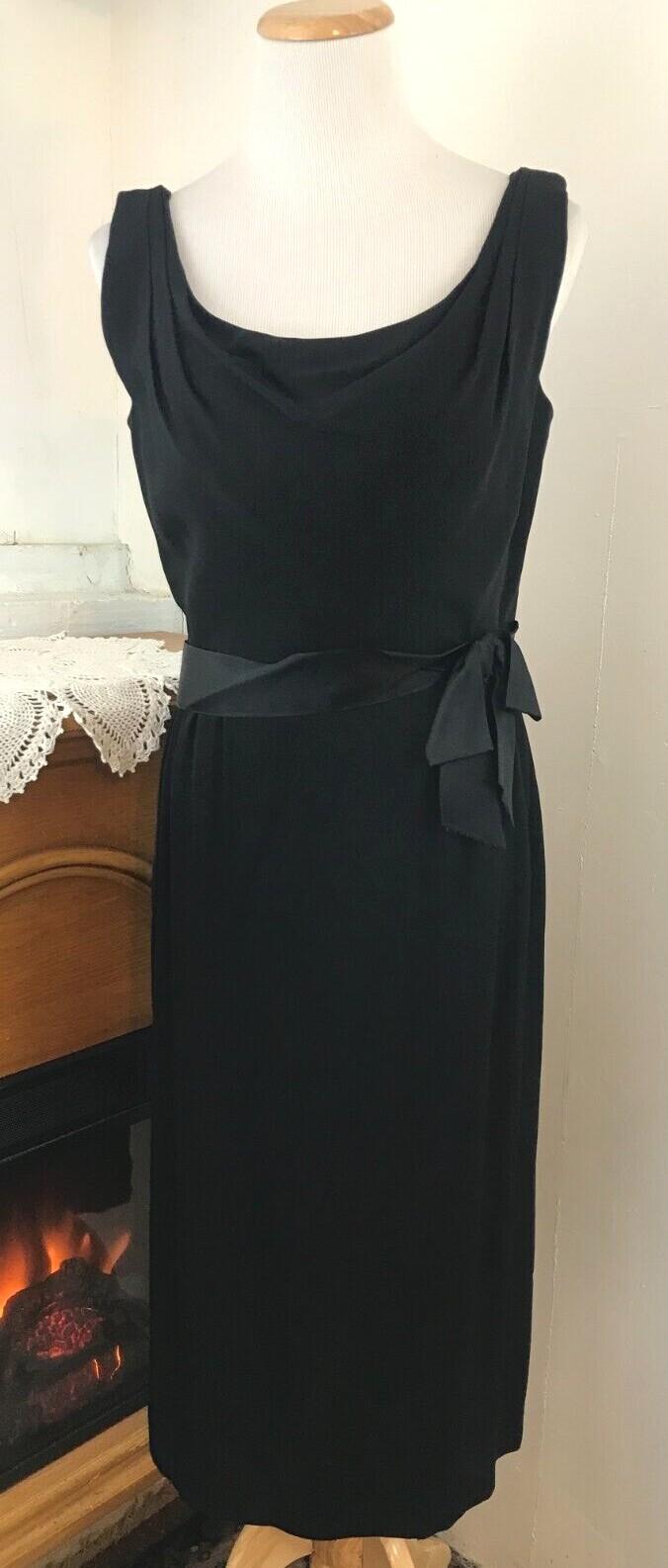 Vintage Ceil Chapman For Miss Winston Black Silk Cocktail Dress W/Satin Bow ~ M
