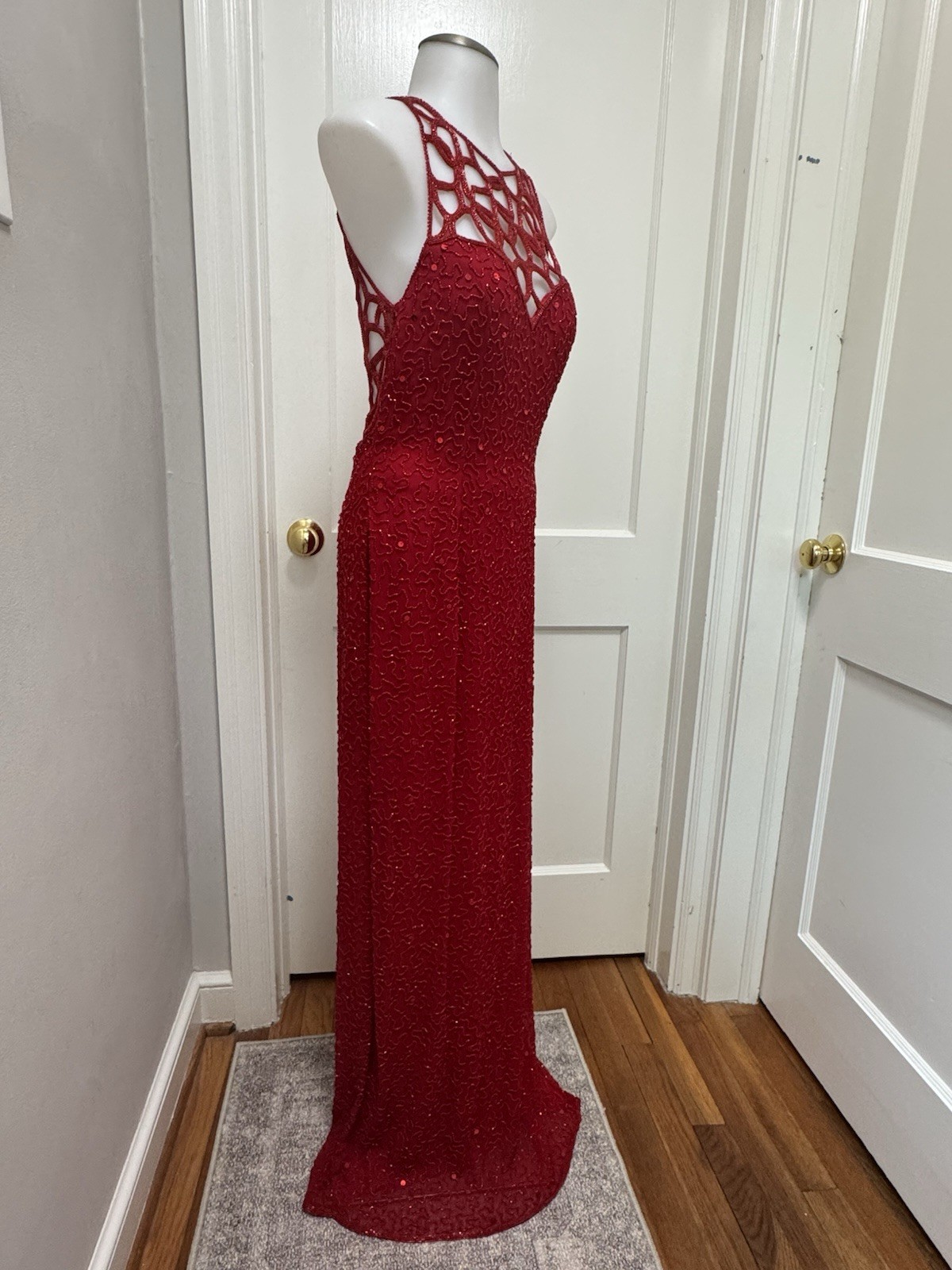 Sean Collection Vintage 90s Red Sequin Silk Gown Beaded Cage Back Formal L