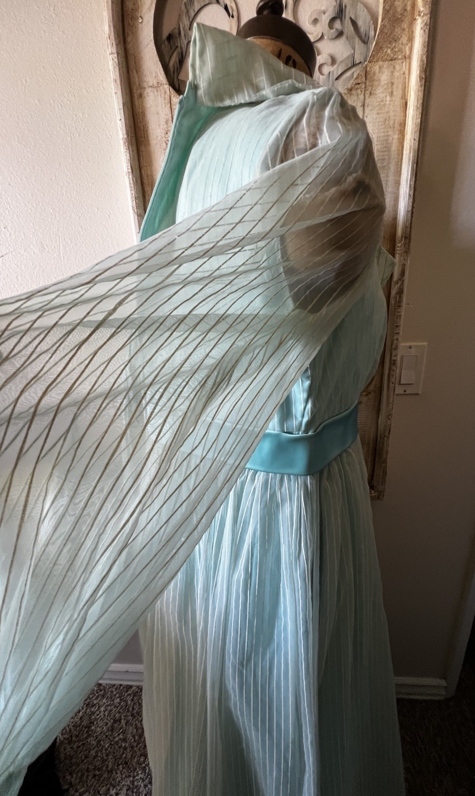 1960s-1970s Chiffon Maxi Dress Collared Long Sleeve Bow Front Handmade