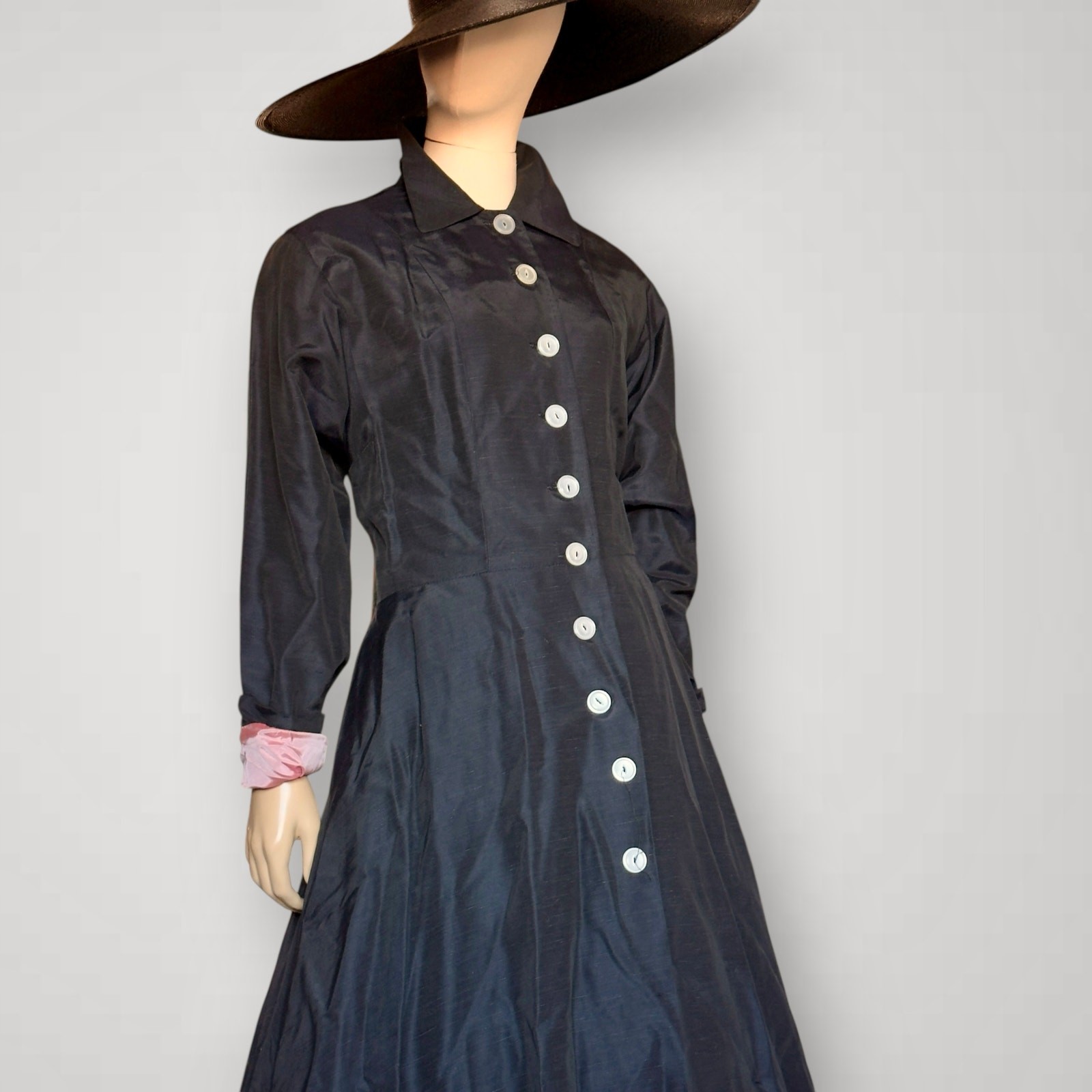 Vintage 1940s New Look Black Silk Duster Princess Coat Button Front Jacket Small