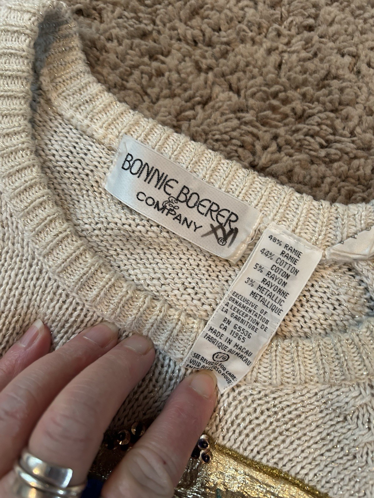 Vintage 86 Bonnie Boerer Geisha Fan Sweater L Cream Gold Art Deco Colorful Long