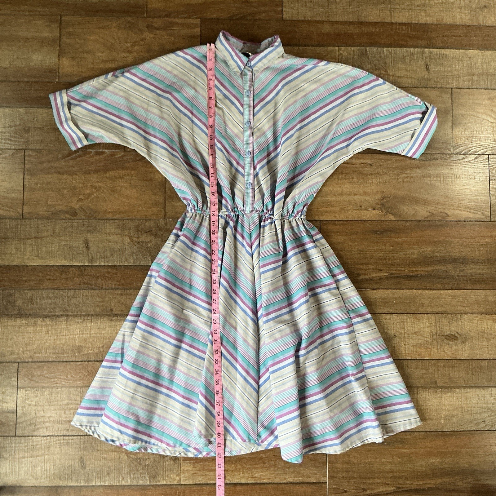 VINTAGE American Shirt Dress Pastel Stripe Button Midi USA Women’s Sz 15/16 #1D9