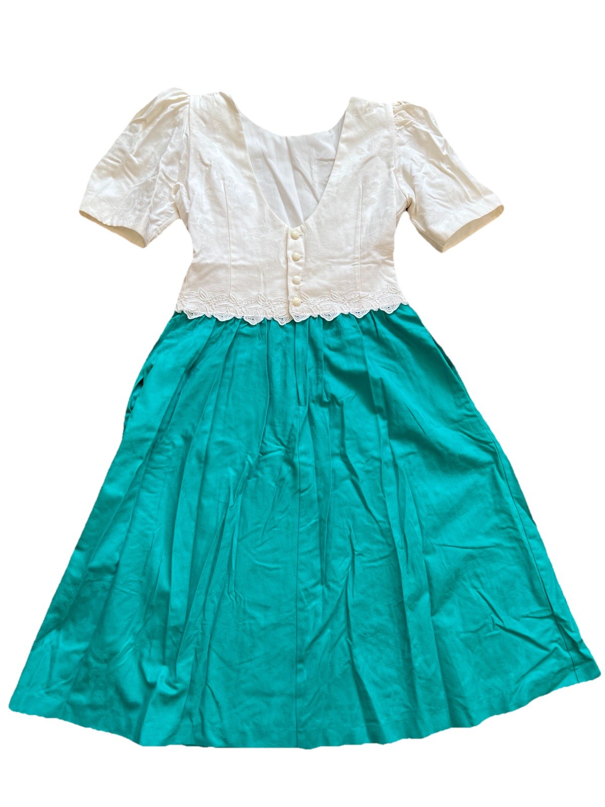 Vintage Lanz Originals Ivory Green Floral Dress Made In USA Women’s Size 12