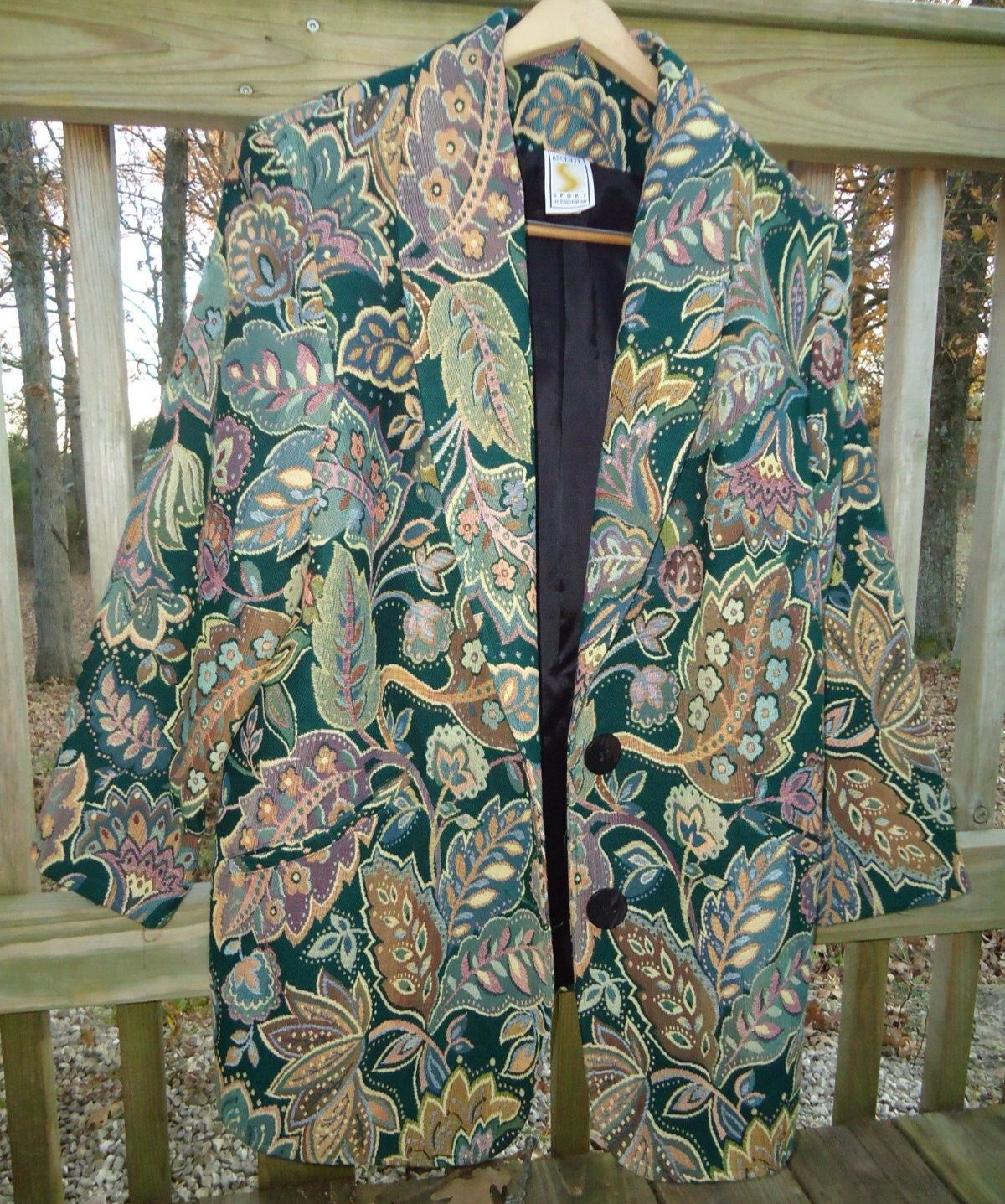 VTG Green Floral Tapestry Blazer Ascente 2X Shoulder Pads Pockets Granny Core