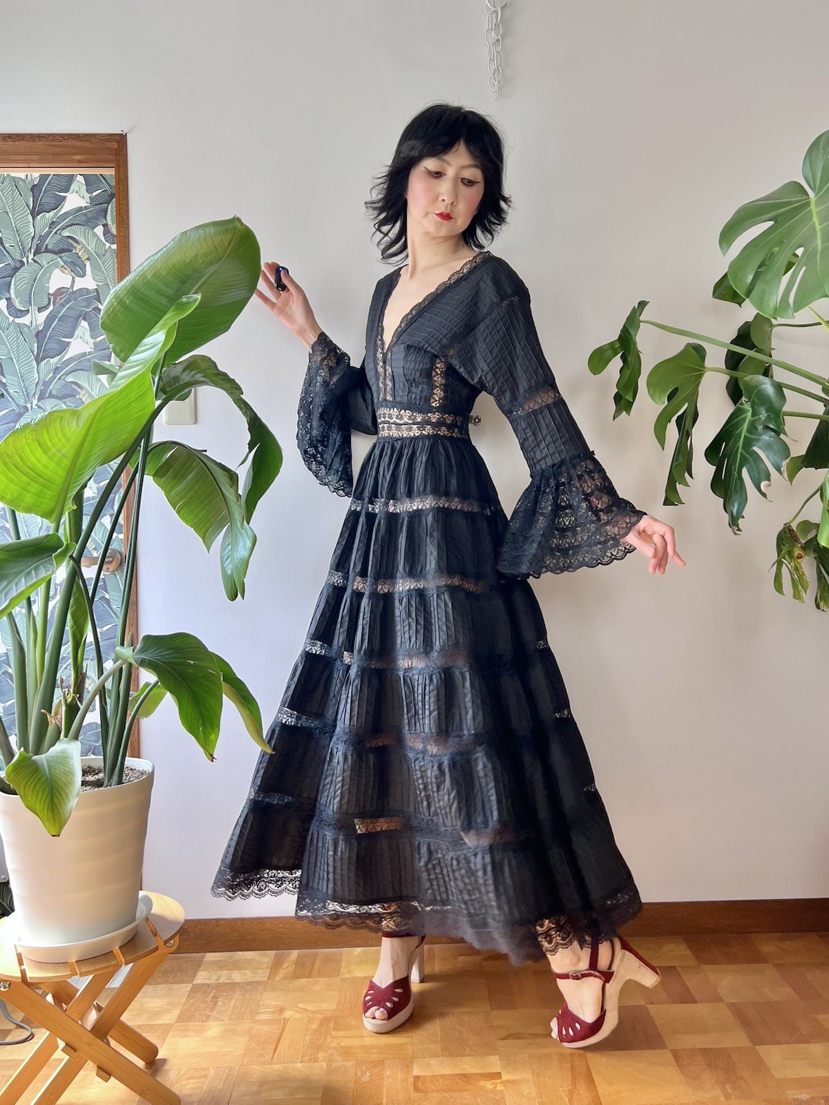 VTG 60s Mexican Wedding Dress Black Lace Pintuck Bell Sleeve Maxi S/M Boho Hippy