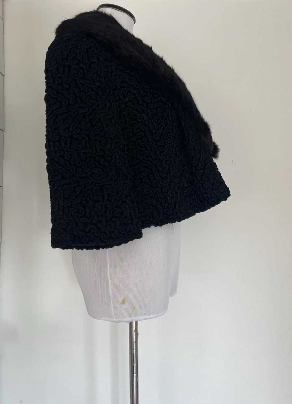 Vintage Black Persian Lamb Curly Wool Short Jacket Fur Collar 3/4 Sleeves