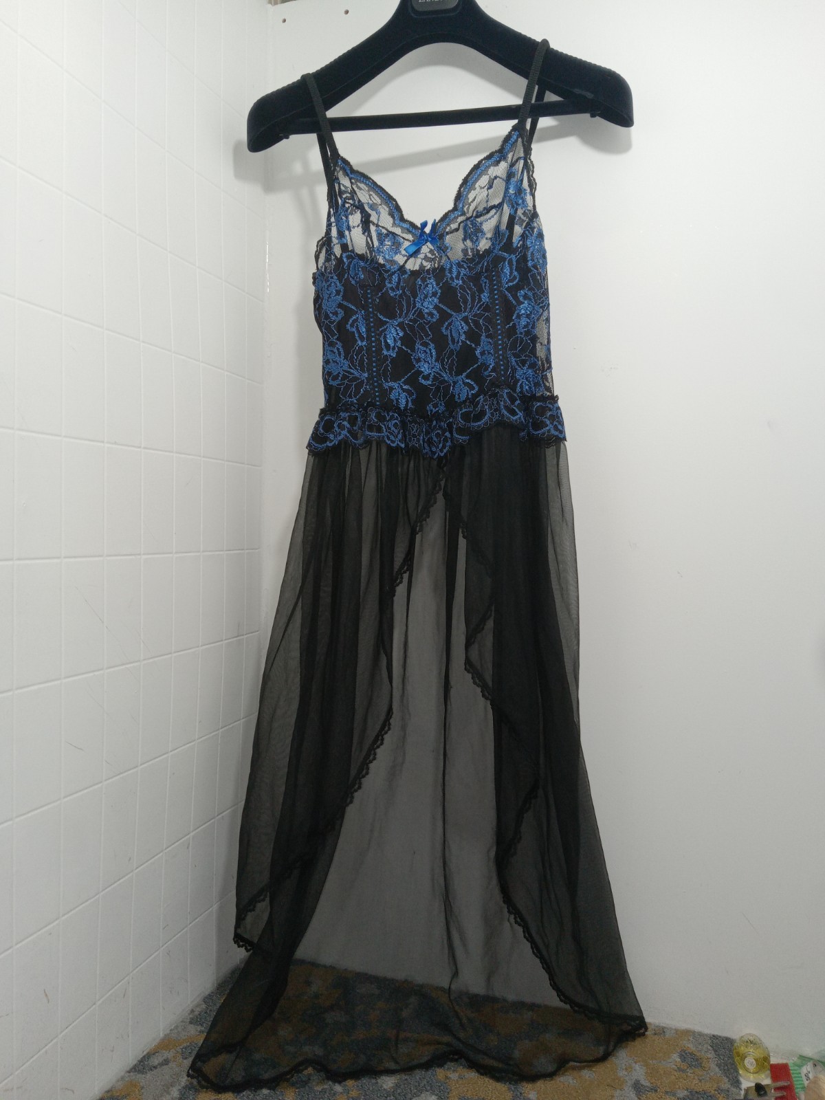 Vintage Nan Flower Black & Blue Long Babydoll Negligee Lace & Mesh Sz Med*FLAW*