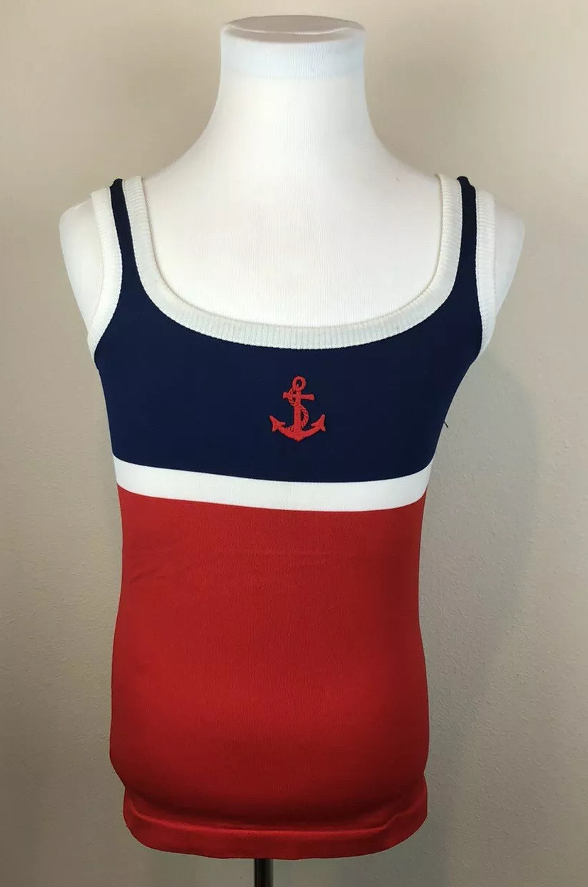 Vintage BOOTH BAY A Tommy Sator Design Women’s Red White Blue Anchor Tank Sz 40