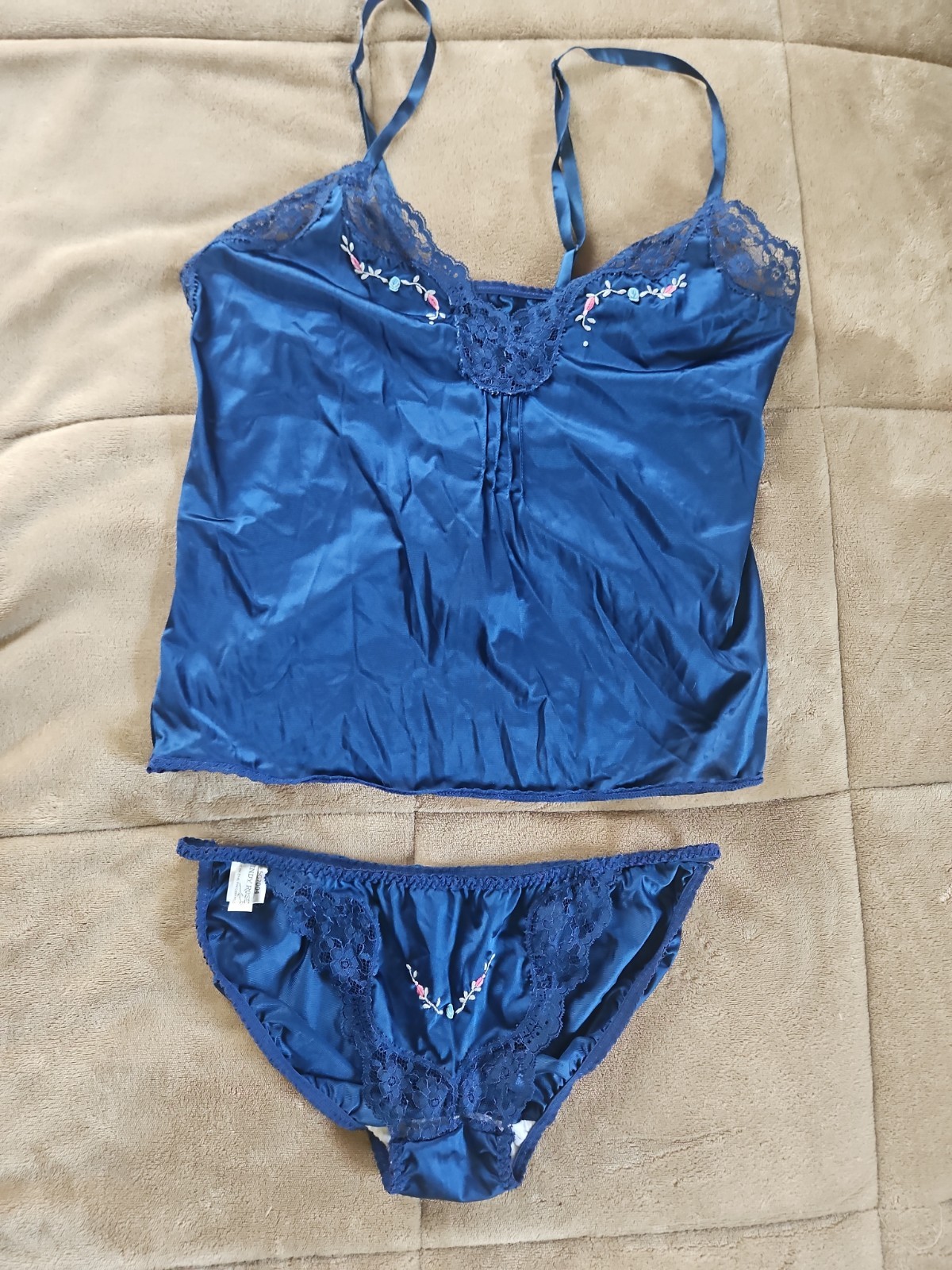 Vintage Windy Rose Satin Cami And Panty Set Size S / 6 Blue Floral Embroidery