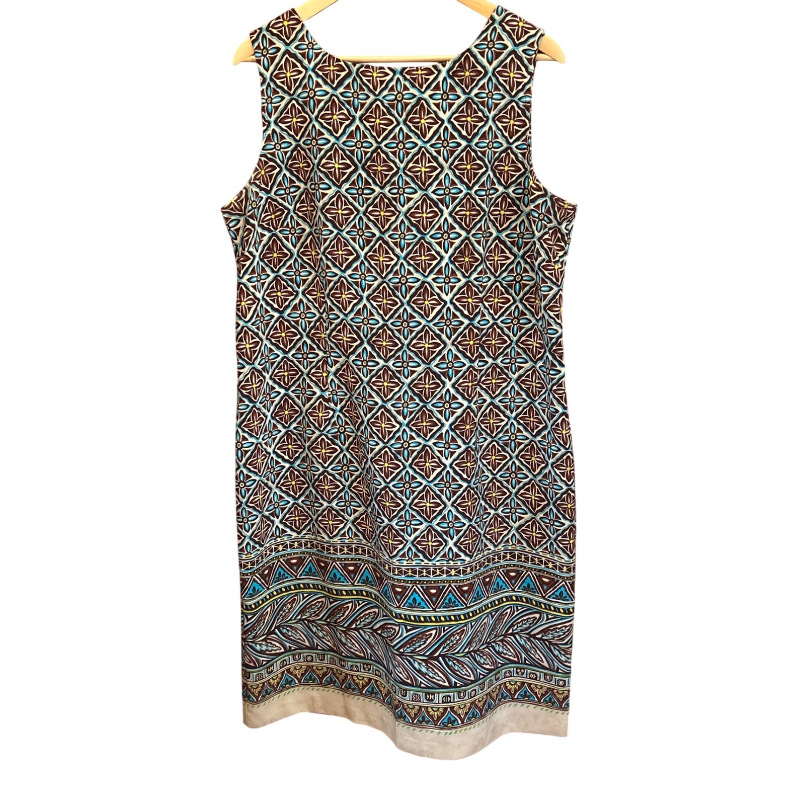 Vintage Sag Harbor Shift Dress Geometric Mod Bohemian Brown Turquoise Size 18