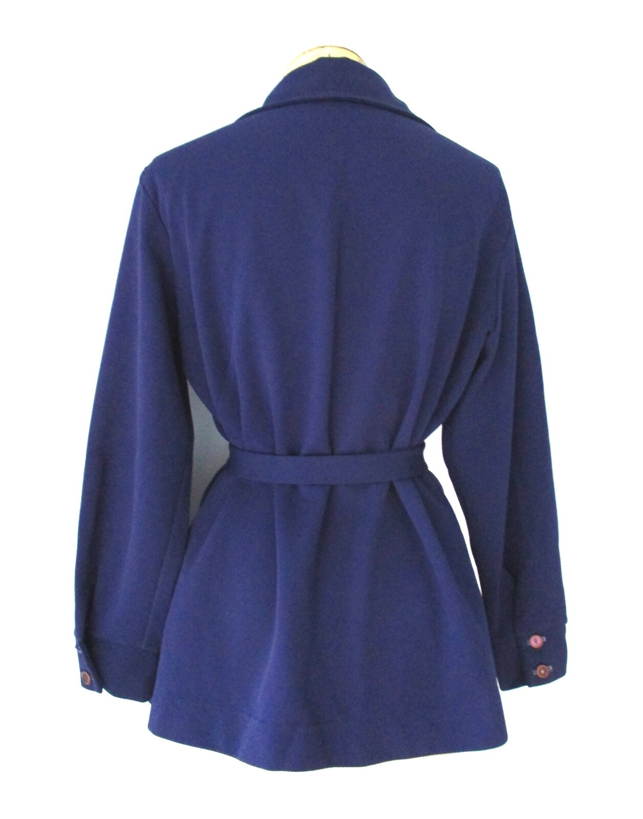 Vtg 70s Blue Textured Poly Knit Button Blouse Top Tie Belt Pockets Dagger Clr 18