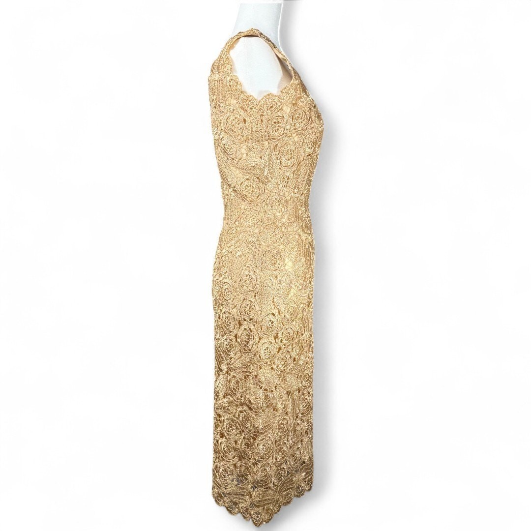Vtg Raffia Crochet Wiggle Dress Woven Italian Tan Scallop Autumn Wedding Guest S