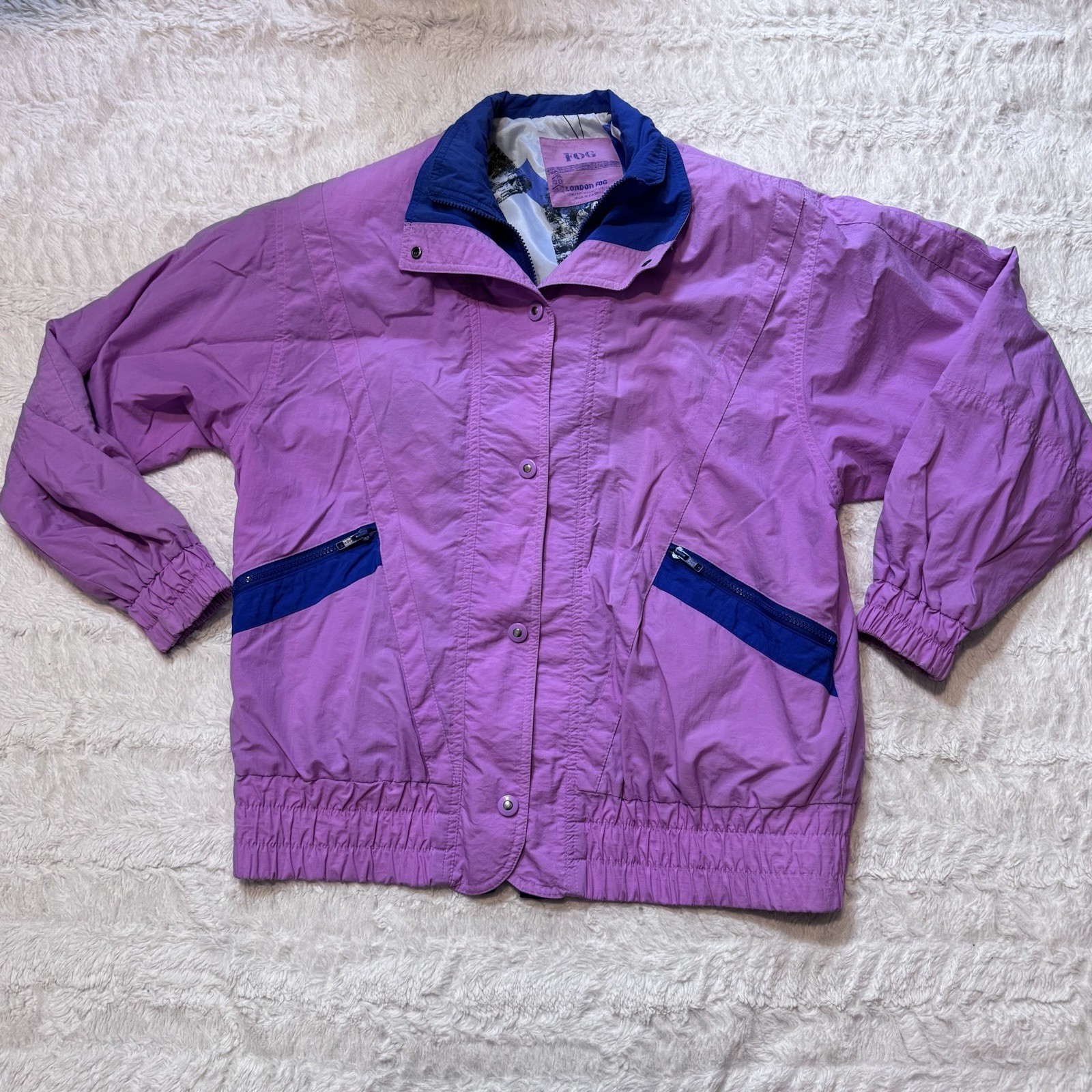 Vintage 1980s London Fog Coat Pink Purple Colorblock Elastic Waist Fully Lined