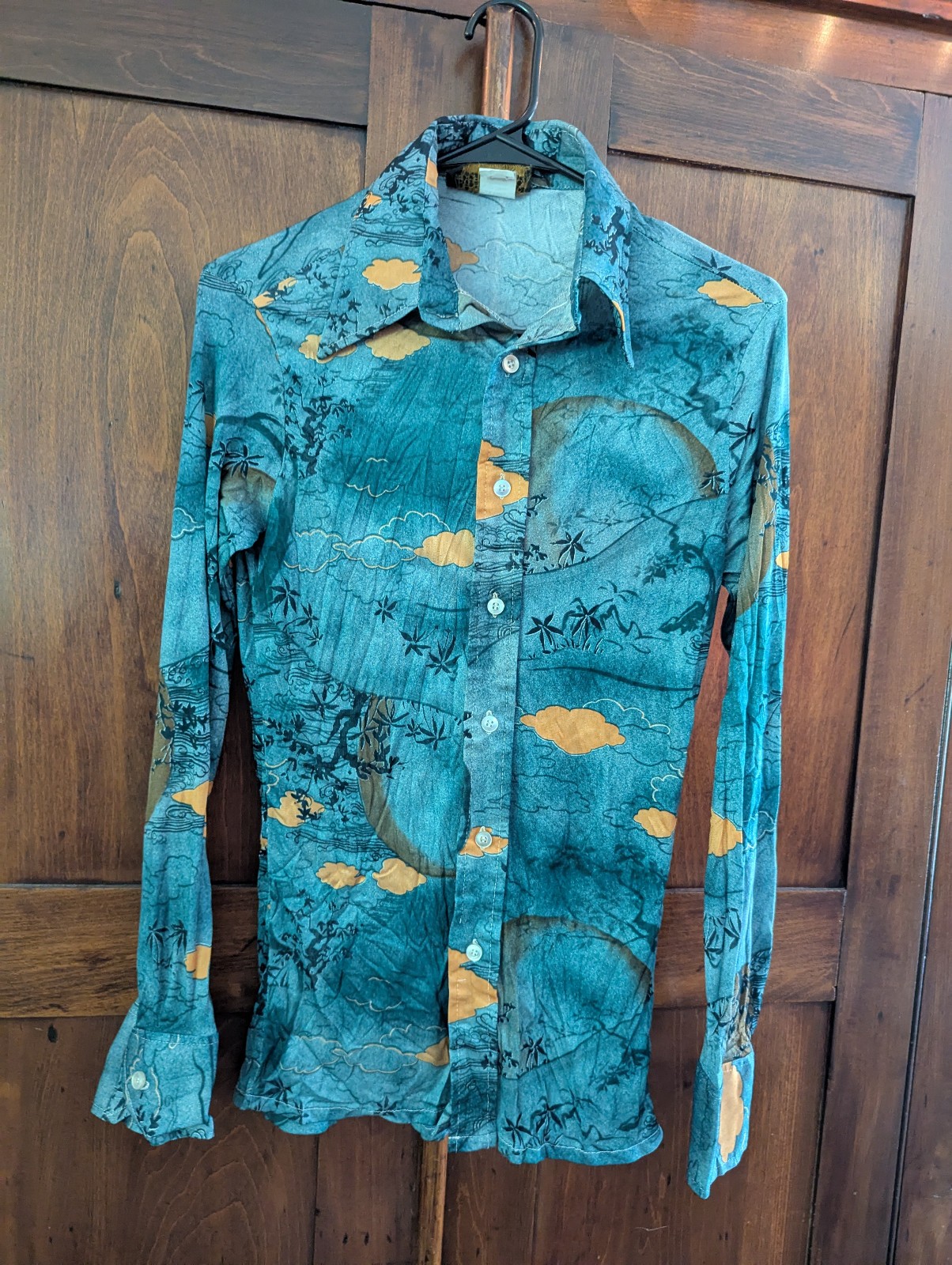 Vtg Women’s Pointy Collar Scenic Shirt by Nuggets 70s Disco, Oriental Garden