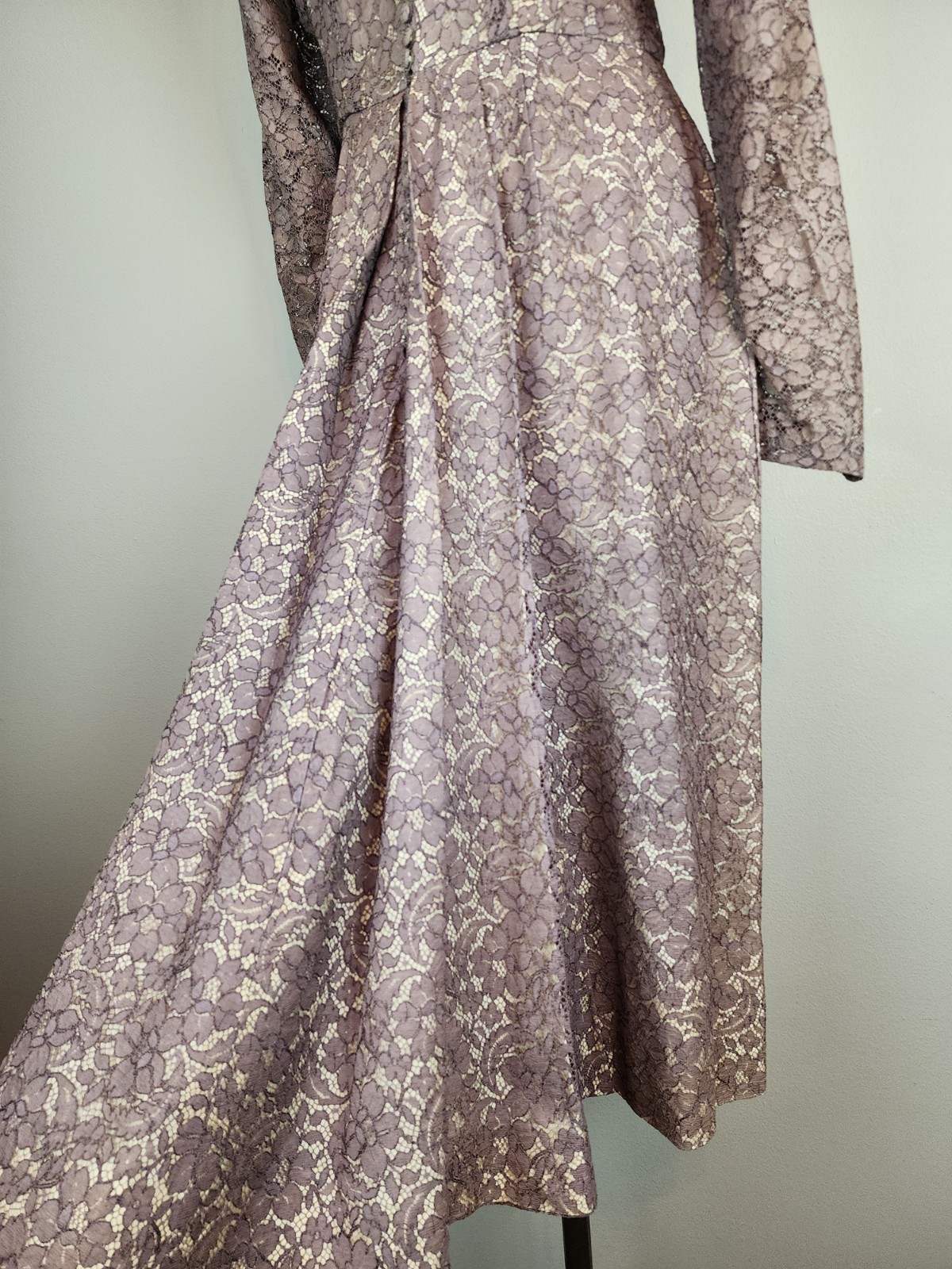 Vintage Late 1940’s Mauve Lace Over Champagne Satin Cocktail Dress with Godet