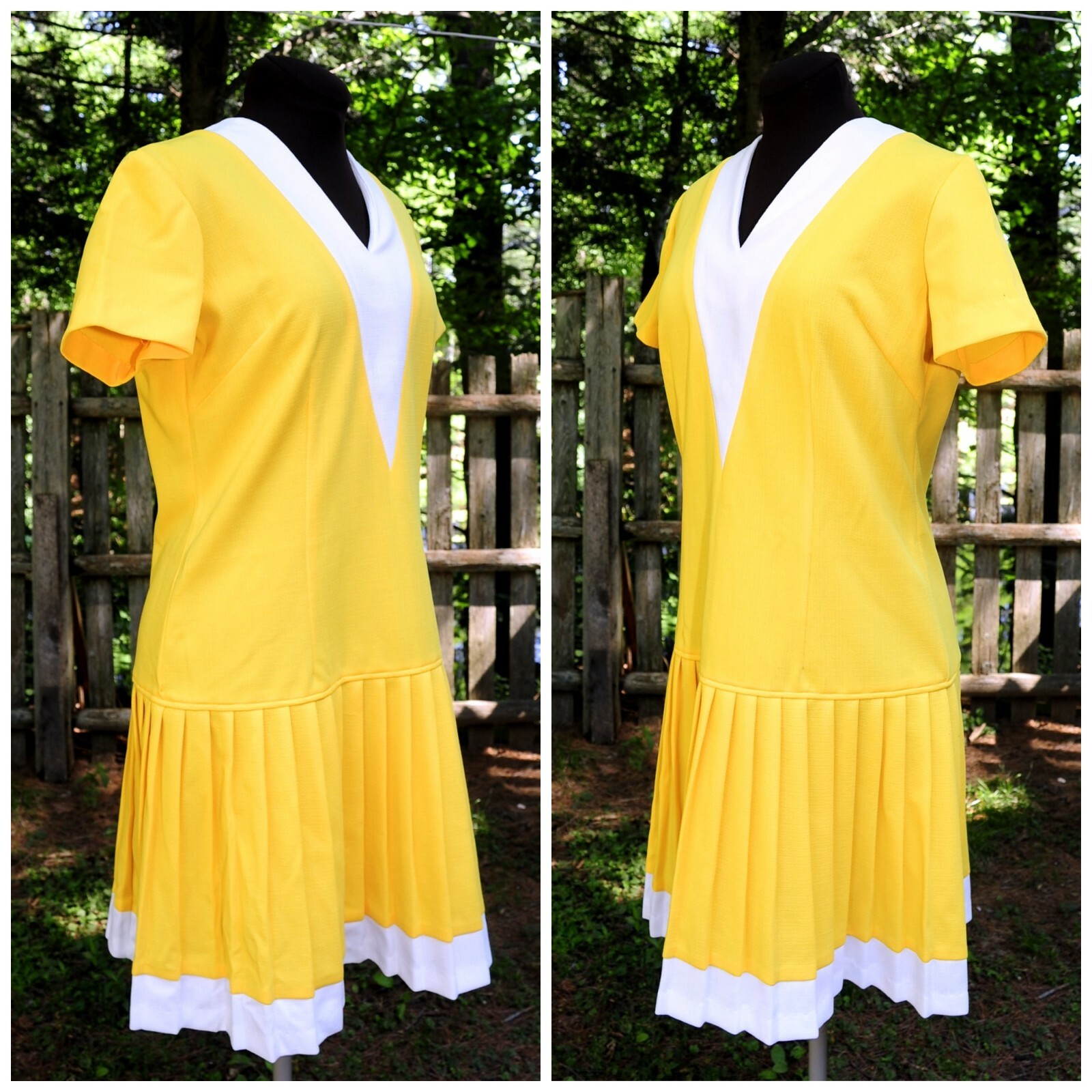 Vintage 60’s Bright Sun Yellow Pleated Poly Scooter Shift Dress MED „V” Neckline