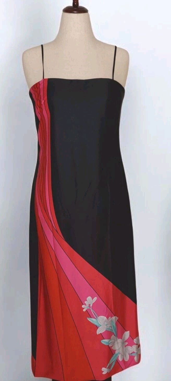 VTG 70’s Malama Sophisticates Hawaii Maxi Spaghetti Strap Dress Sz 14 Black/Red