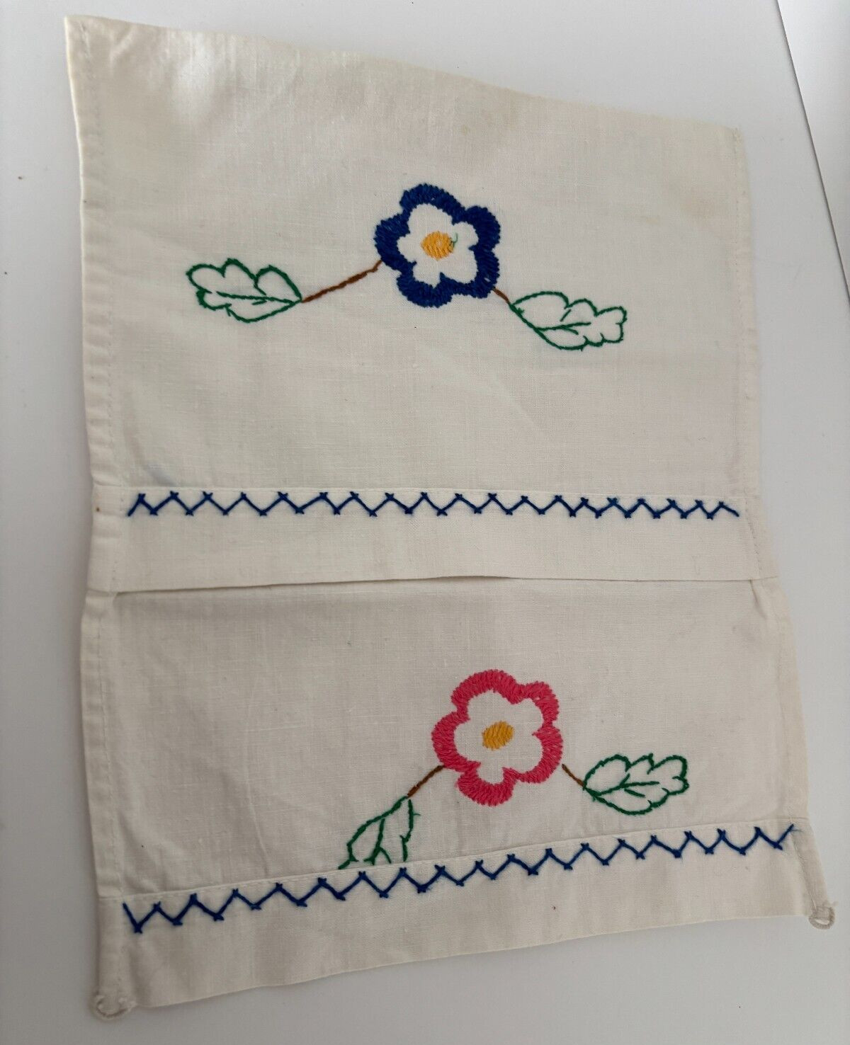 Vtg Pink Blue Embroidered Floral Hanky Hosiery LINGERIE CASE Cotton WALL POCKET